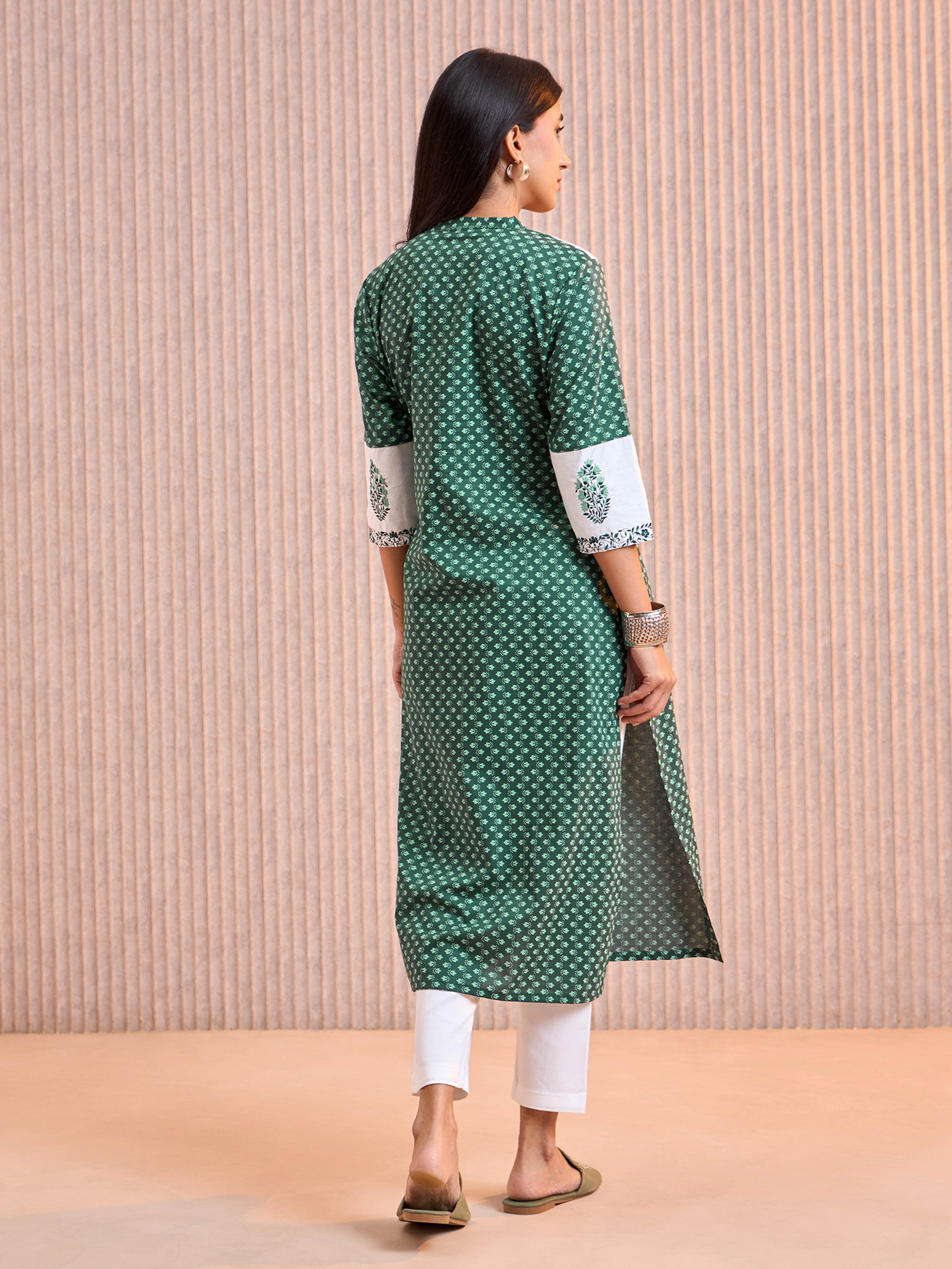 Green And White Pure Cotton Printed Kurti With Embroidery