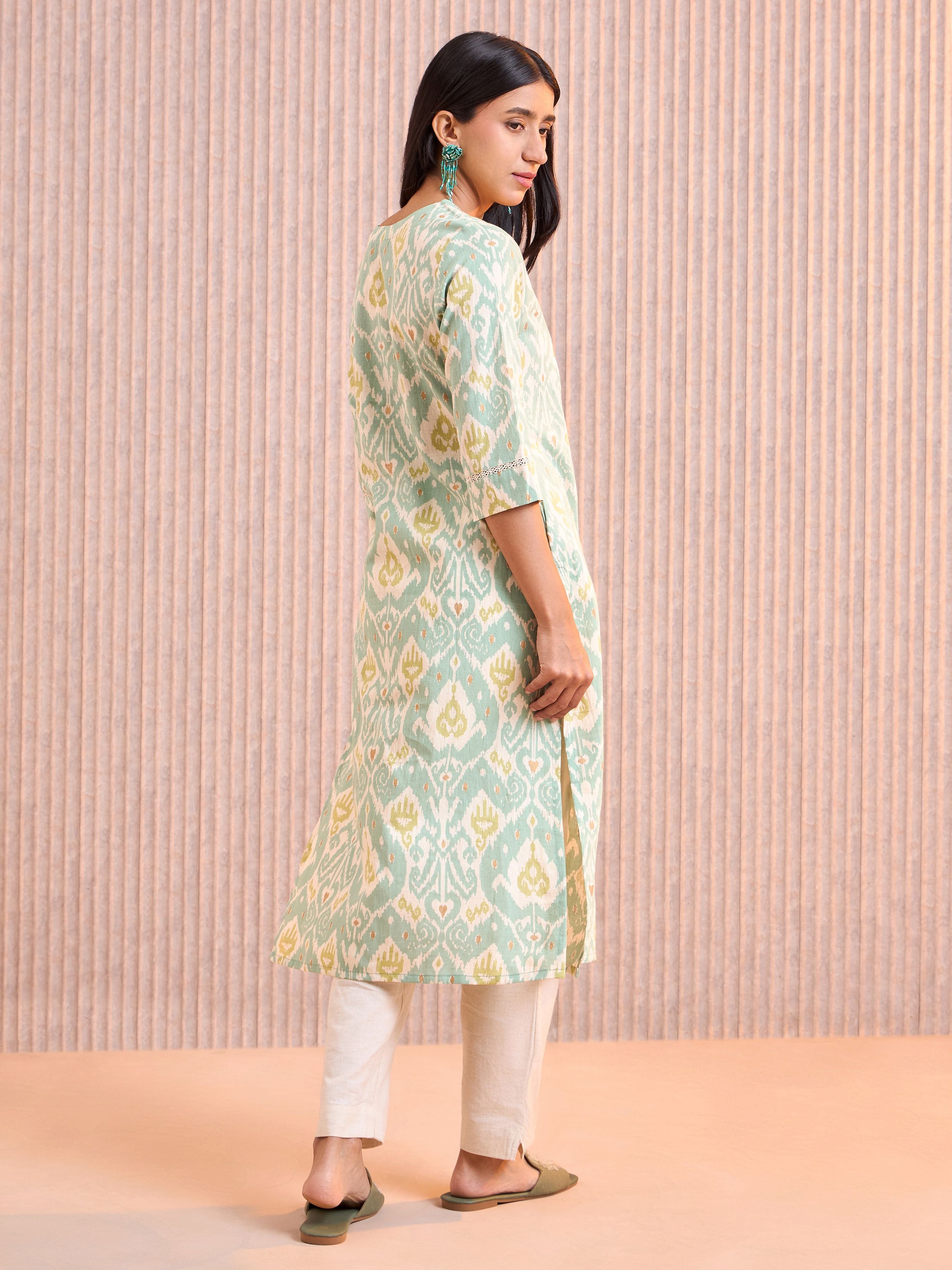 Aqua Green Cotton Flax Printed Kurti With Lace & Embroidery