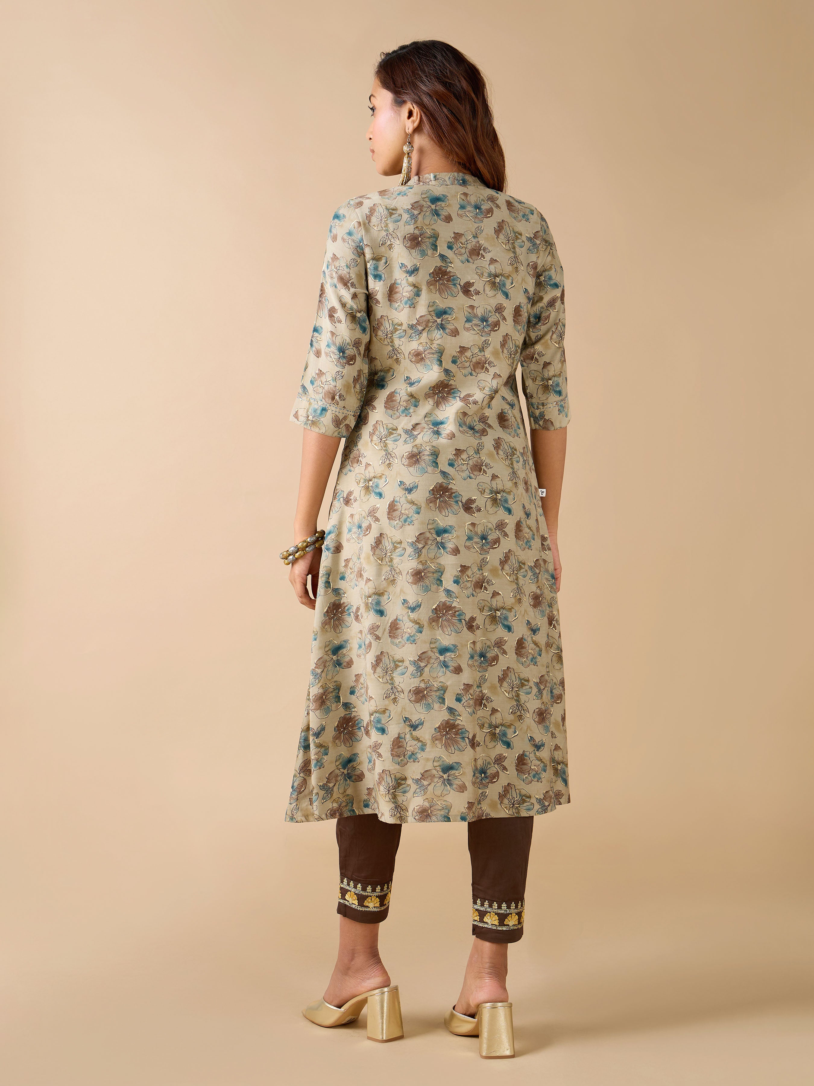 Beige Modal Chanderi Printed Kurti With Sequins Work