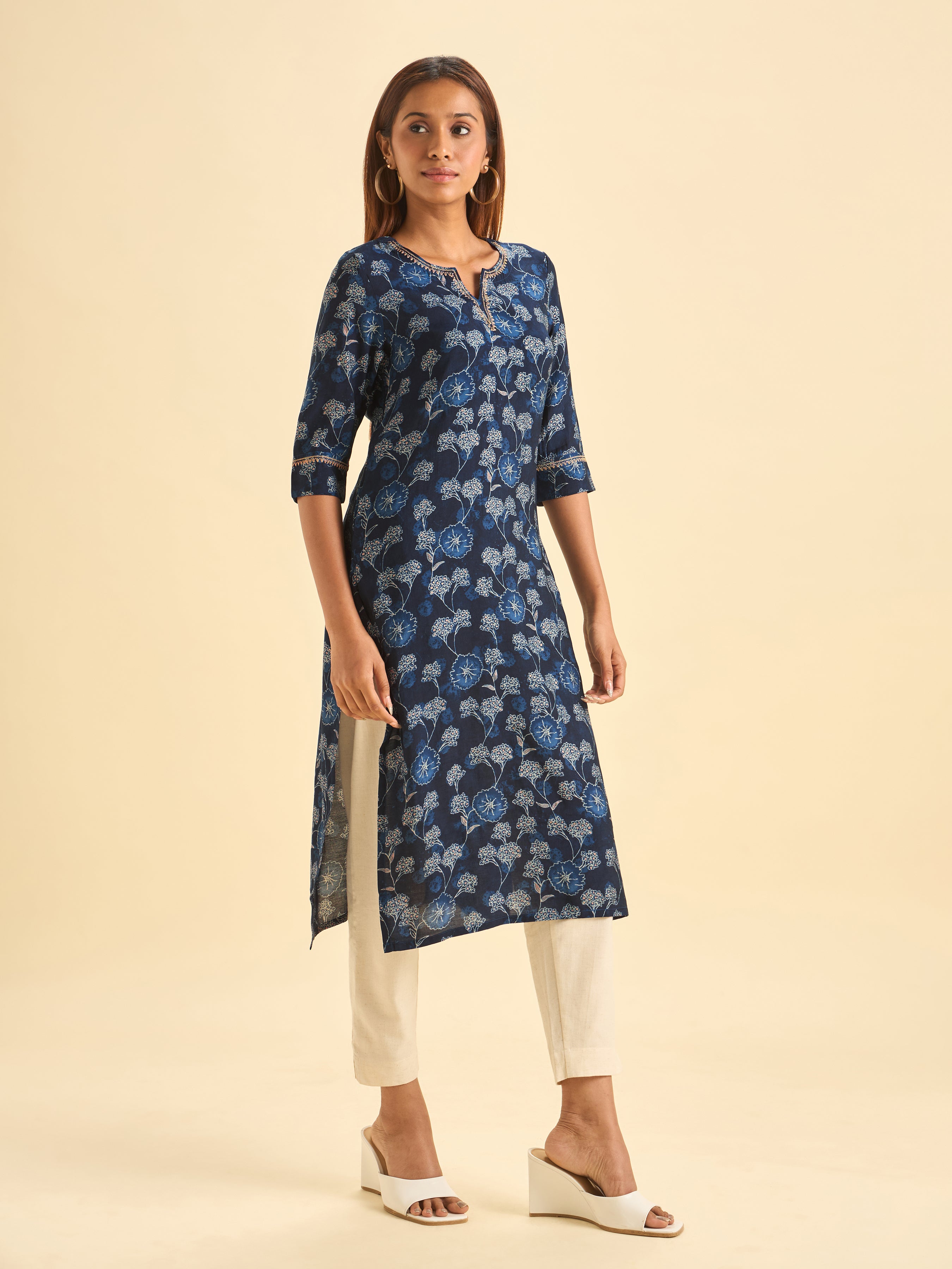 Navy Blue Modal Chanderi Slited Printed Kurti With Embroidery