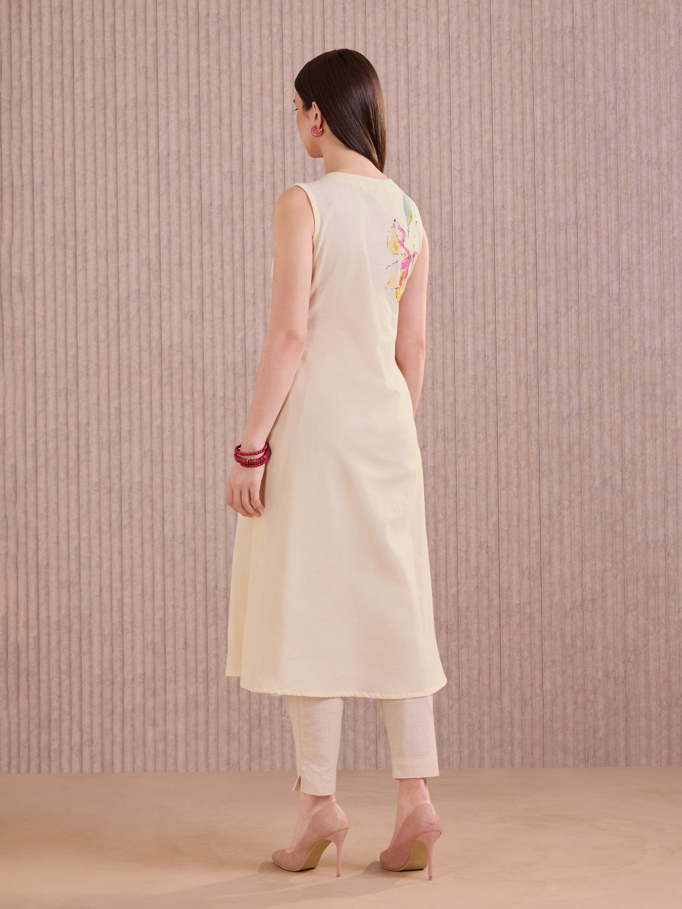 Ivory Cotton Slub Ankrakha Kurti With Print And Embroidery