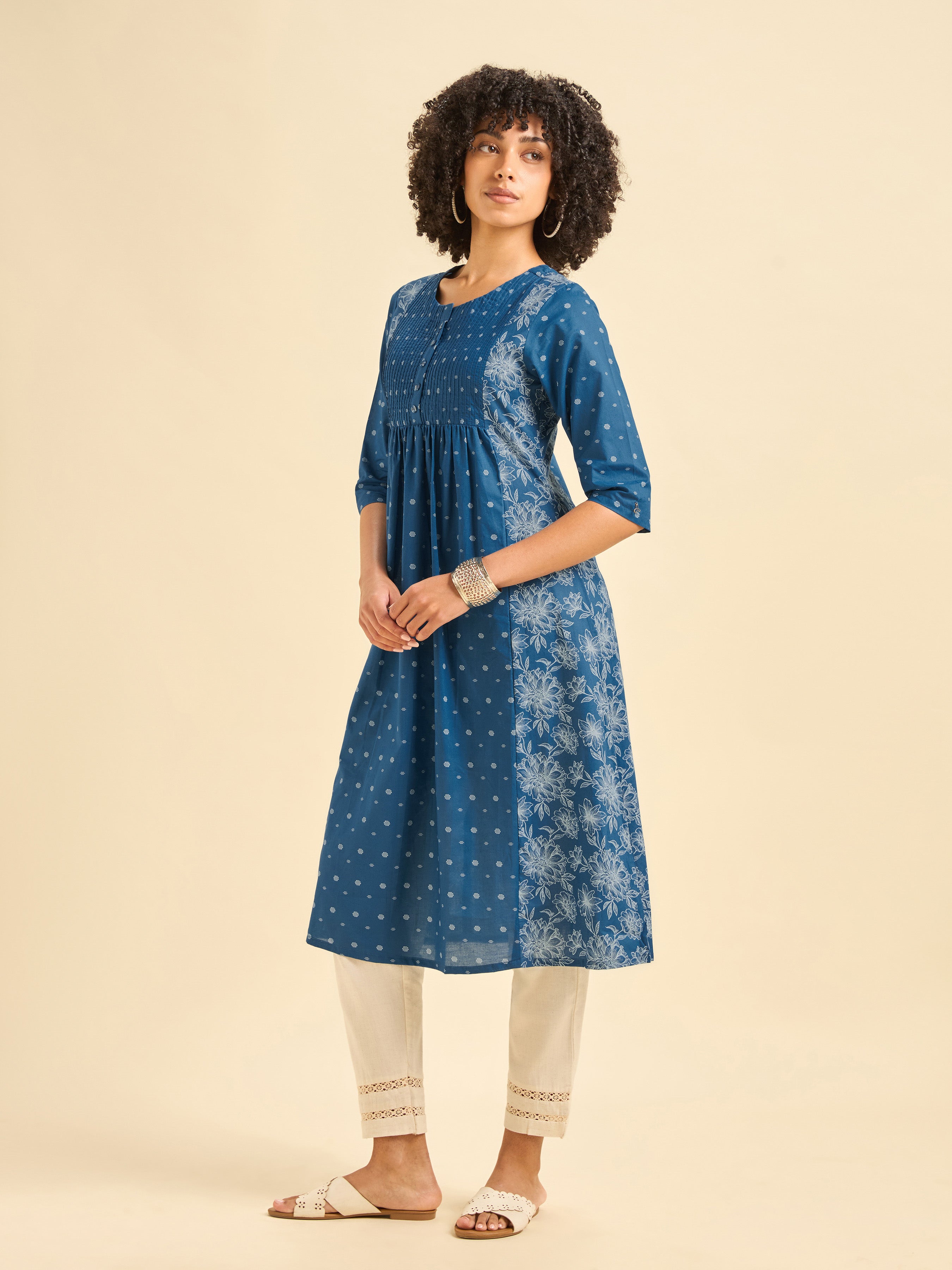 Royal Blue Cotton Printed Flared Kurti