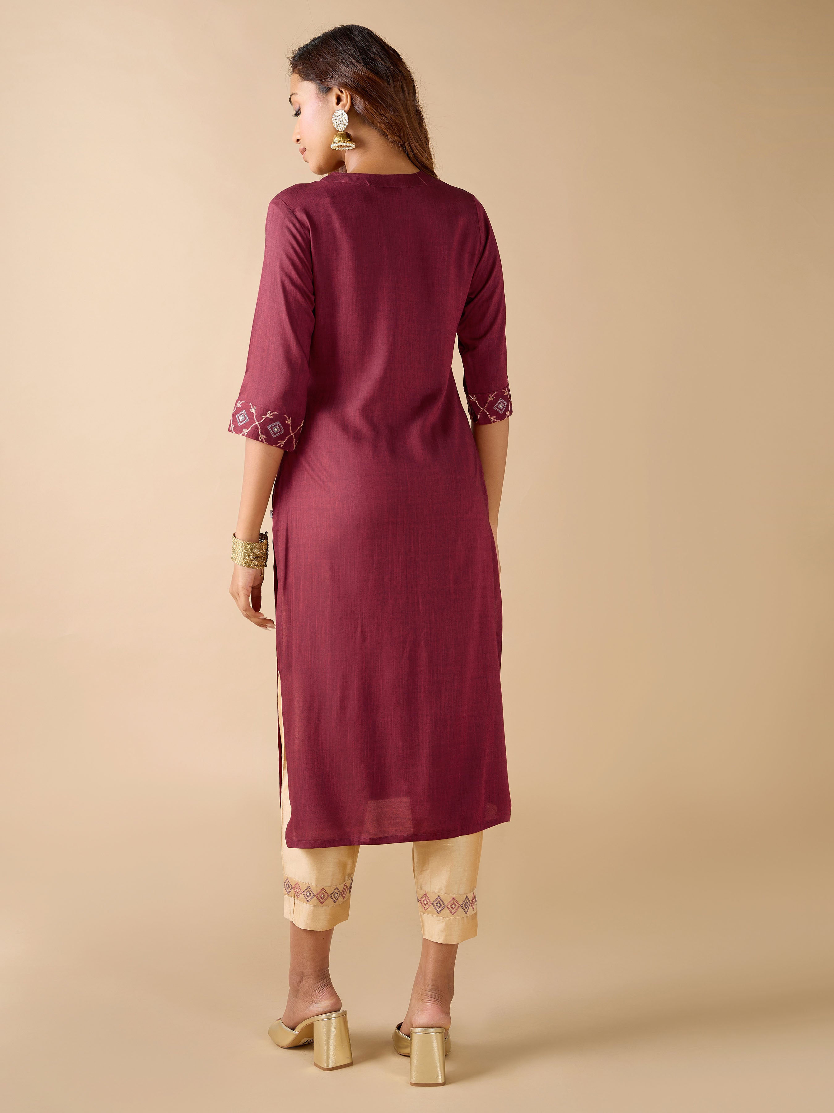 Magenta Viscose Plain Kurti & Bottom Set With Sequins Work