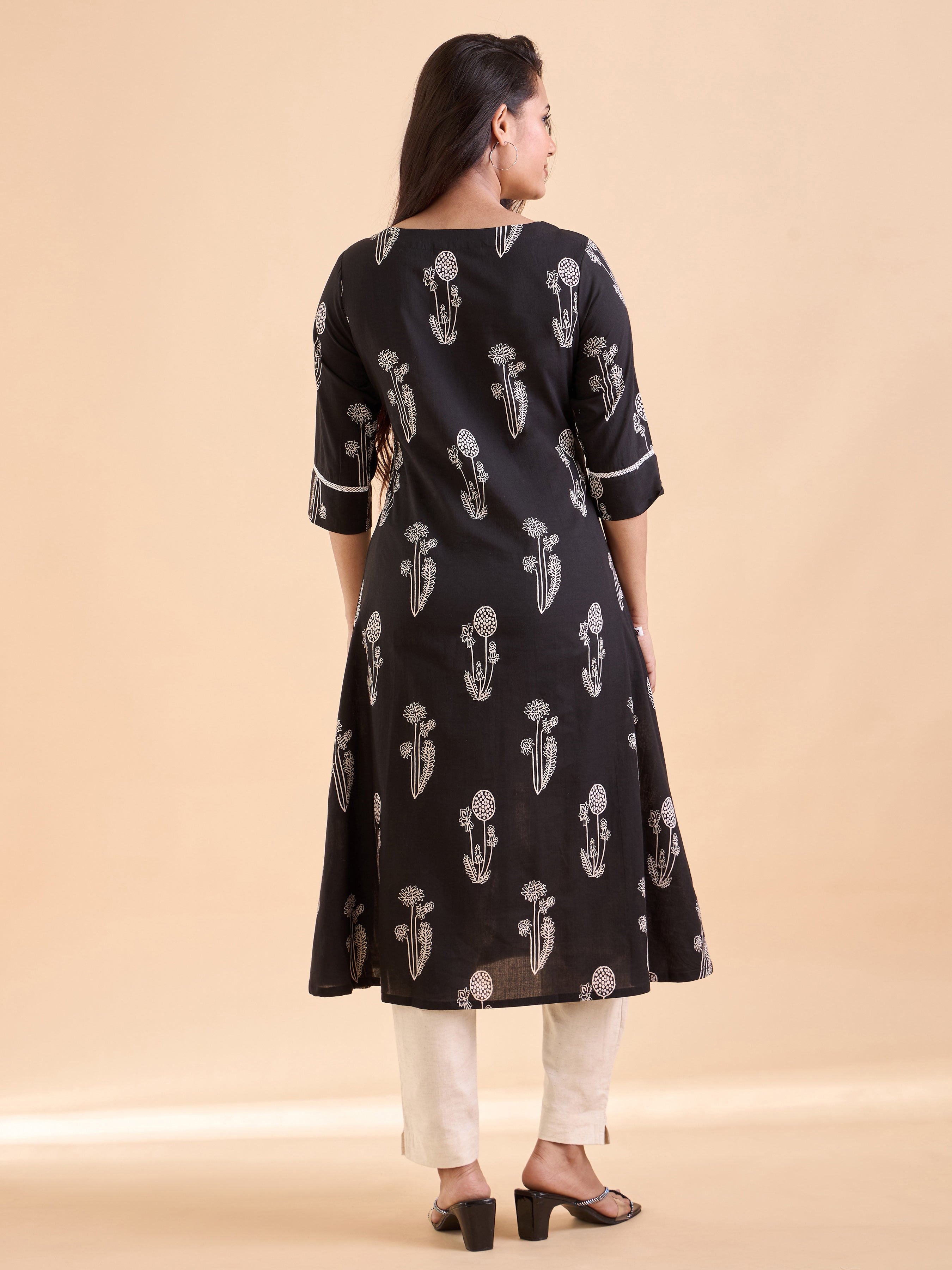Black Pure Cotton Printed Kurti with Lace Detailing