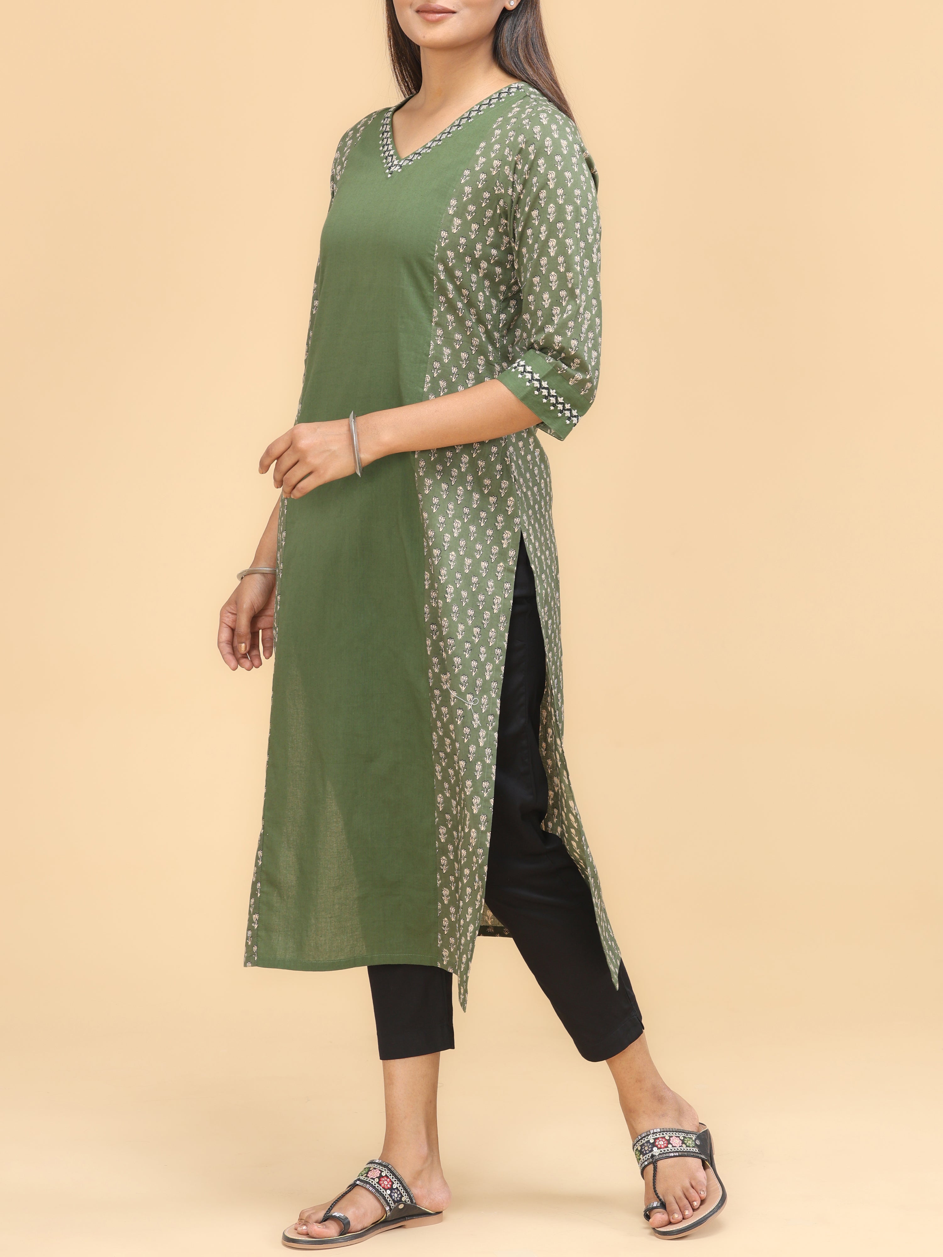 Olive Green Pure Cotton Printed Kurti With Embroidery