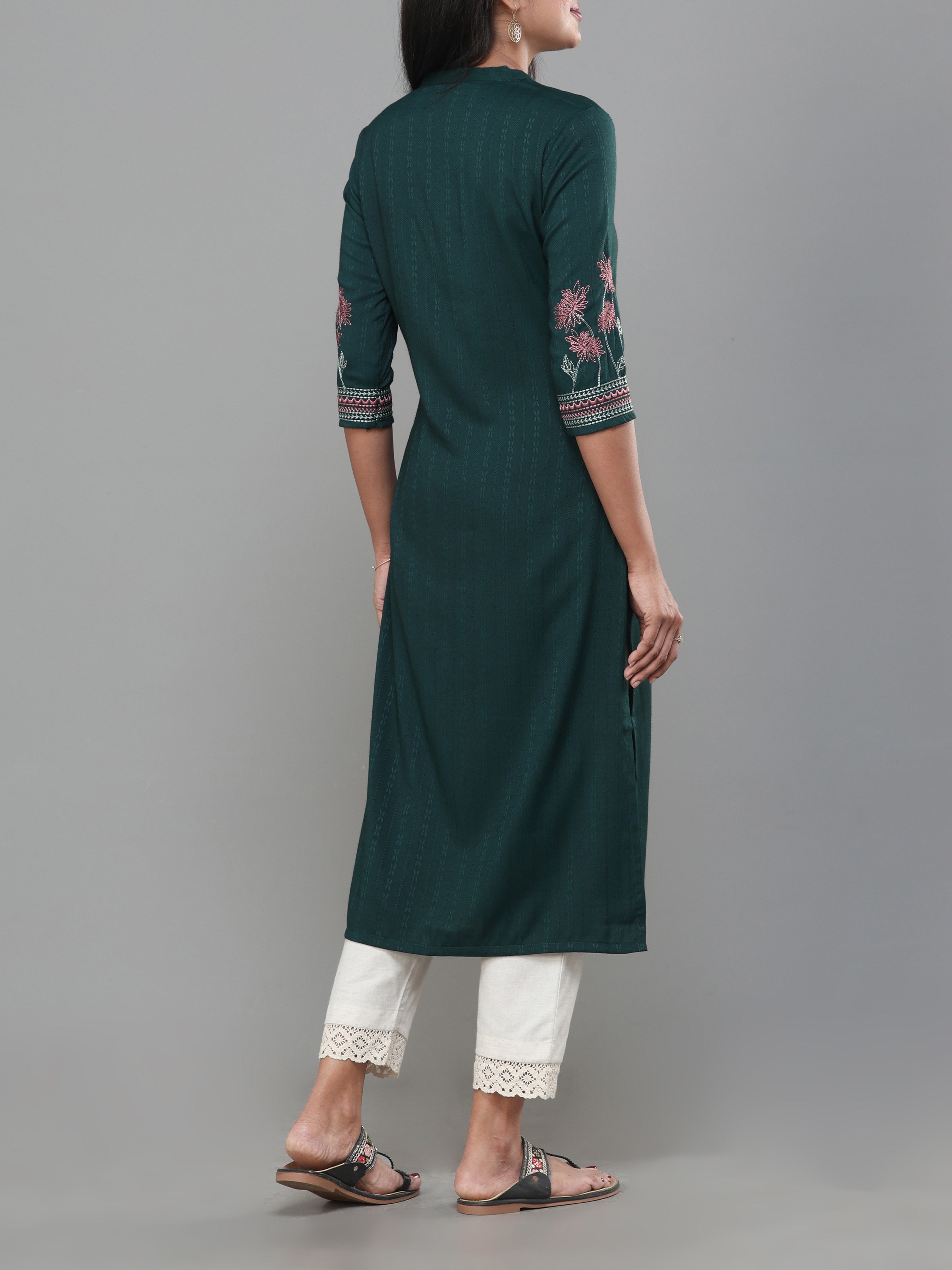 Bottle Green Viscose Jacquard Kurti With Embroidery
