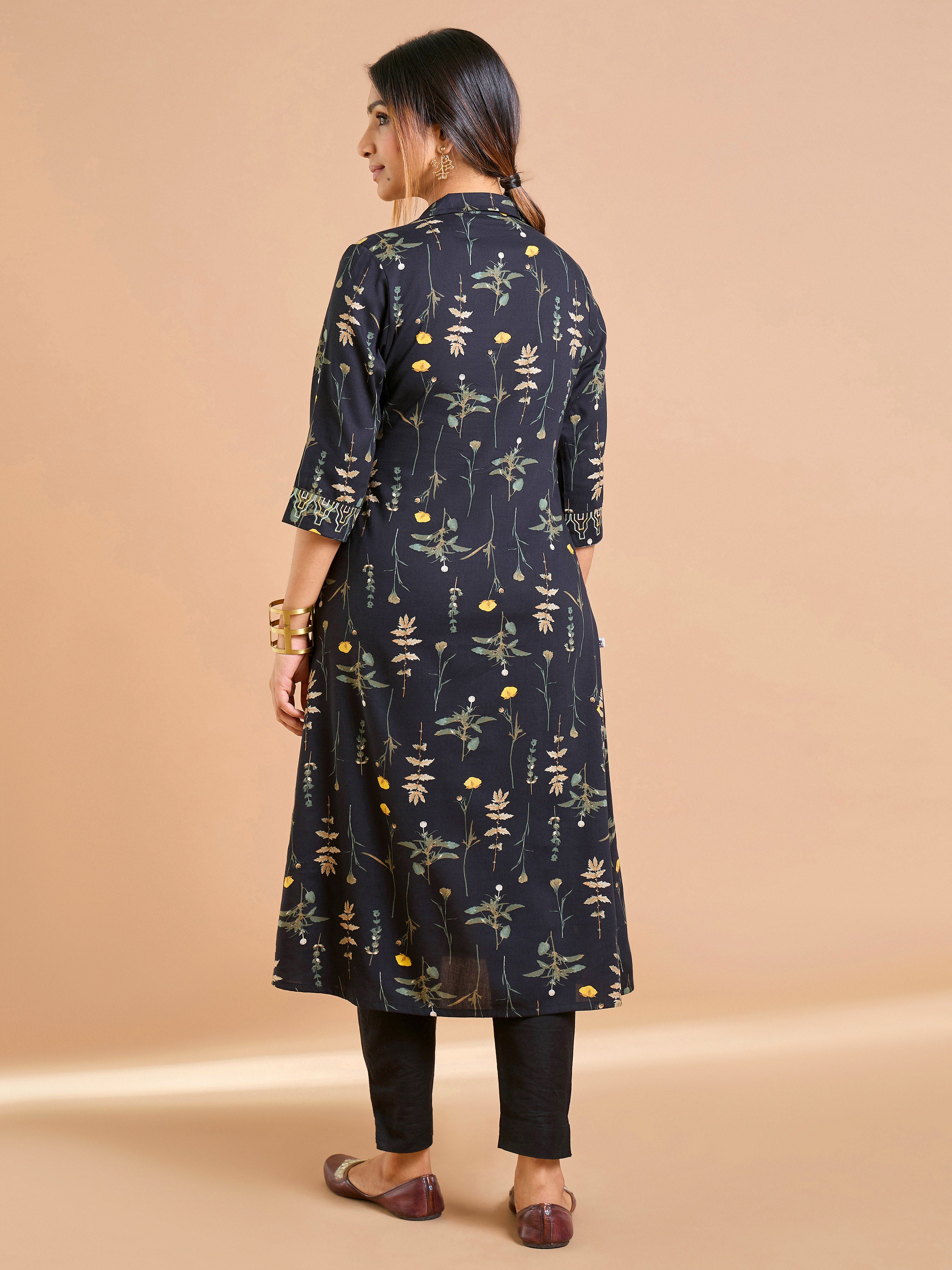Black PureCotton Printed Kurti With Embroidery