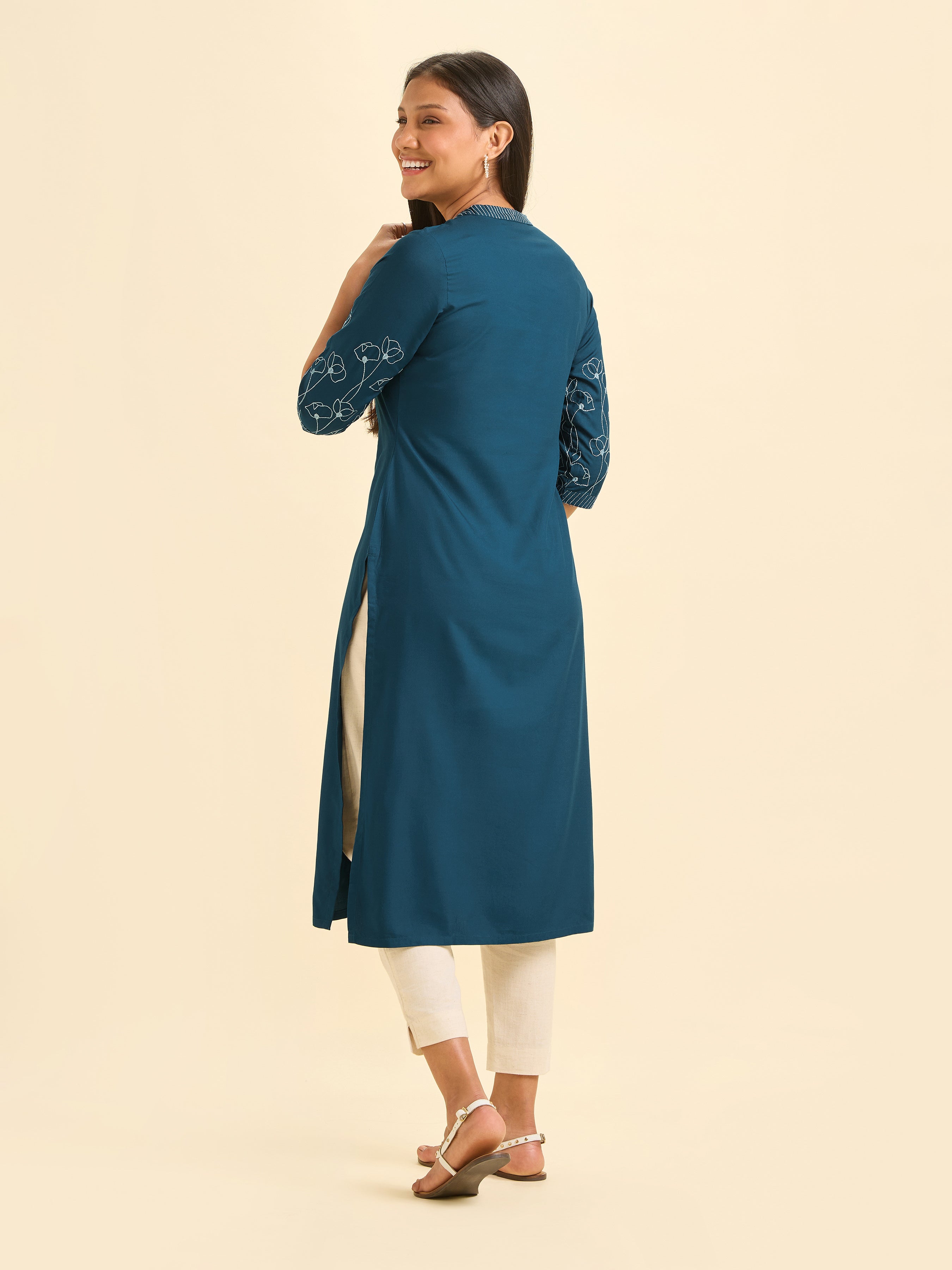 Classic Blue Viscose Plain Slitted Kurti With Embroidery