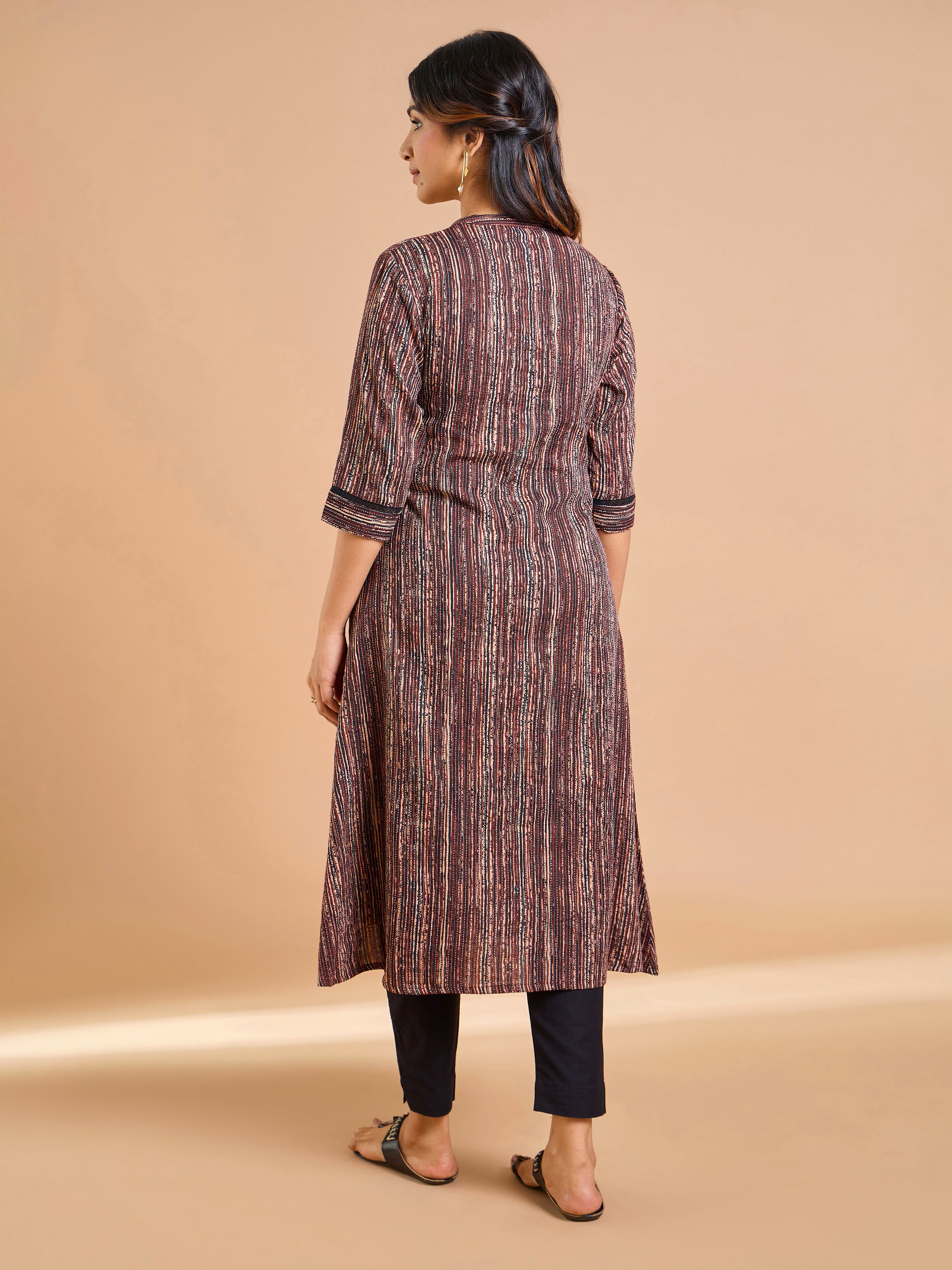 Coffee Brown Pure Cotton Katha Printed Kurti With Princess Cut