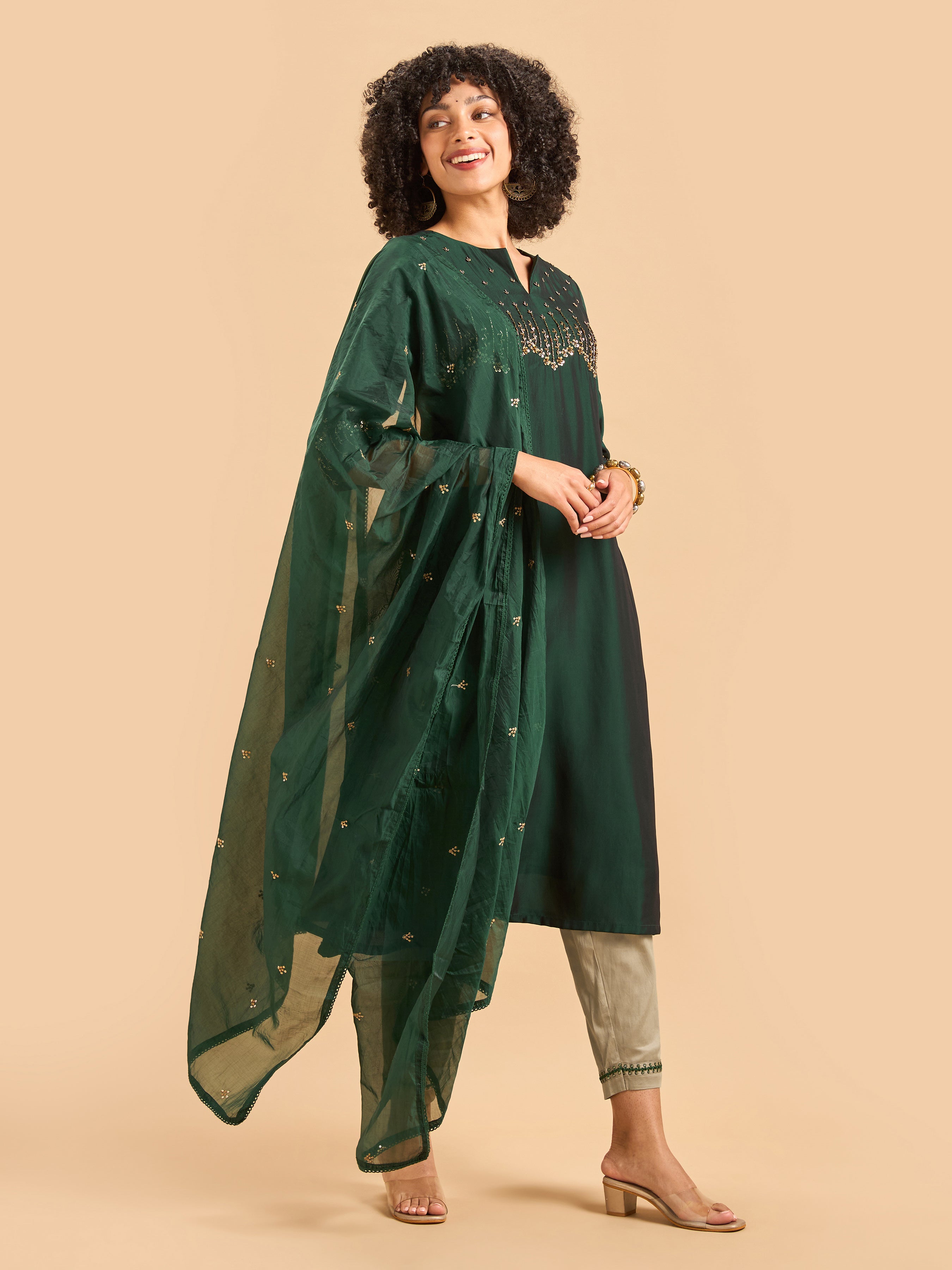 Bottle Green Viscose Slub Plain Kurti Set & Dupatta With Hand Work