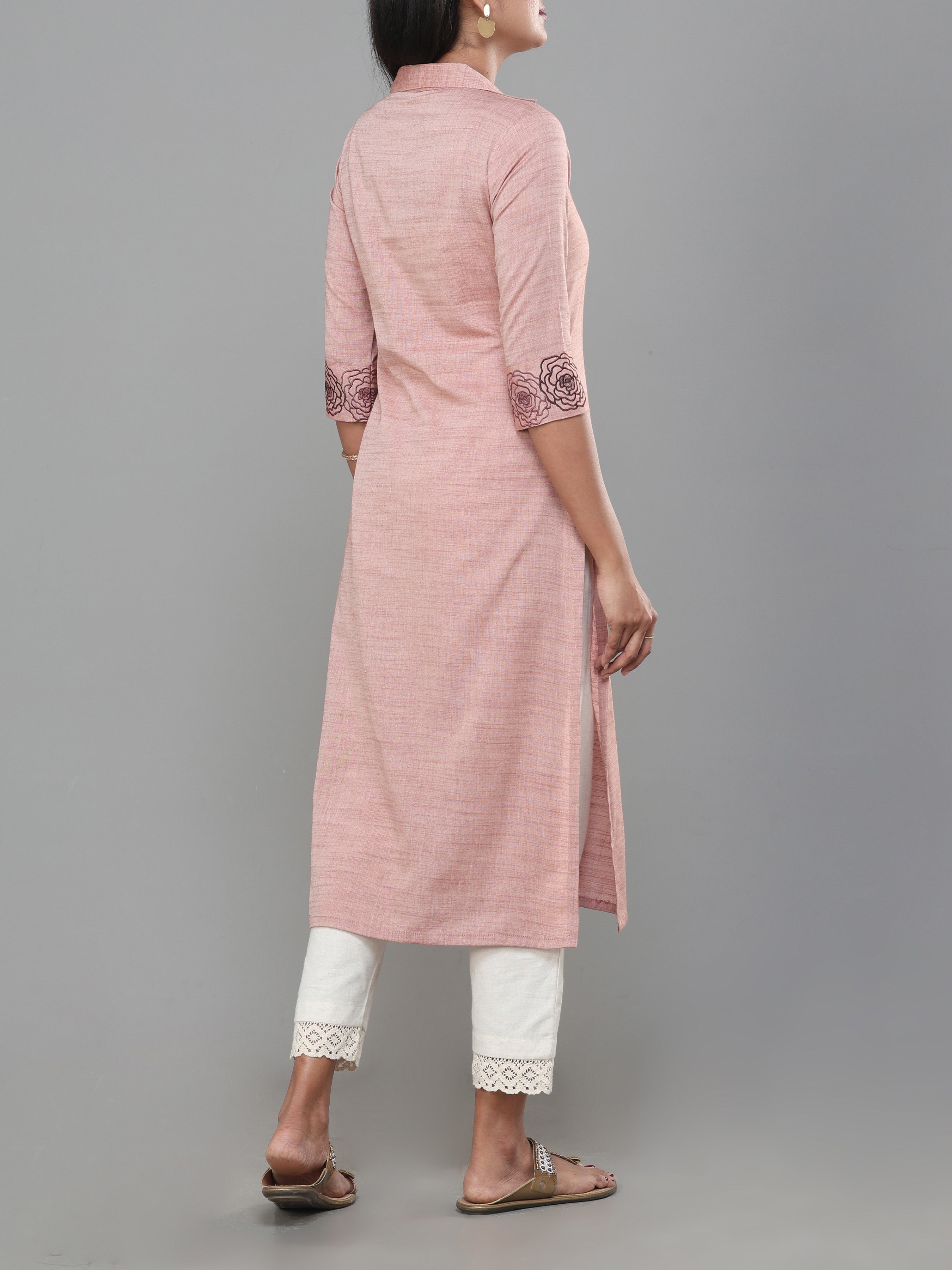 Onion Pink Viscose Cotton Kurti With Embroidery
