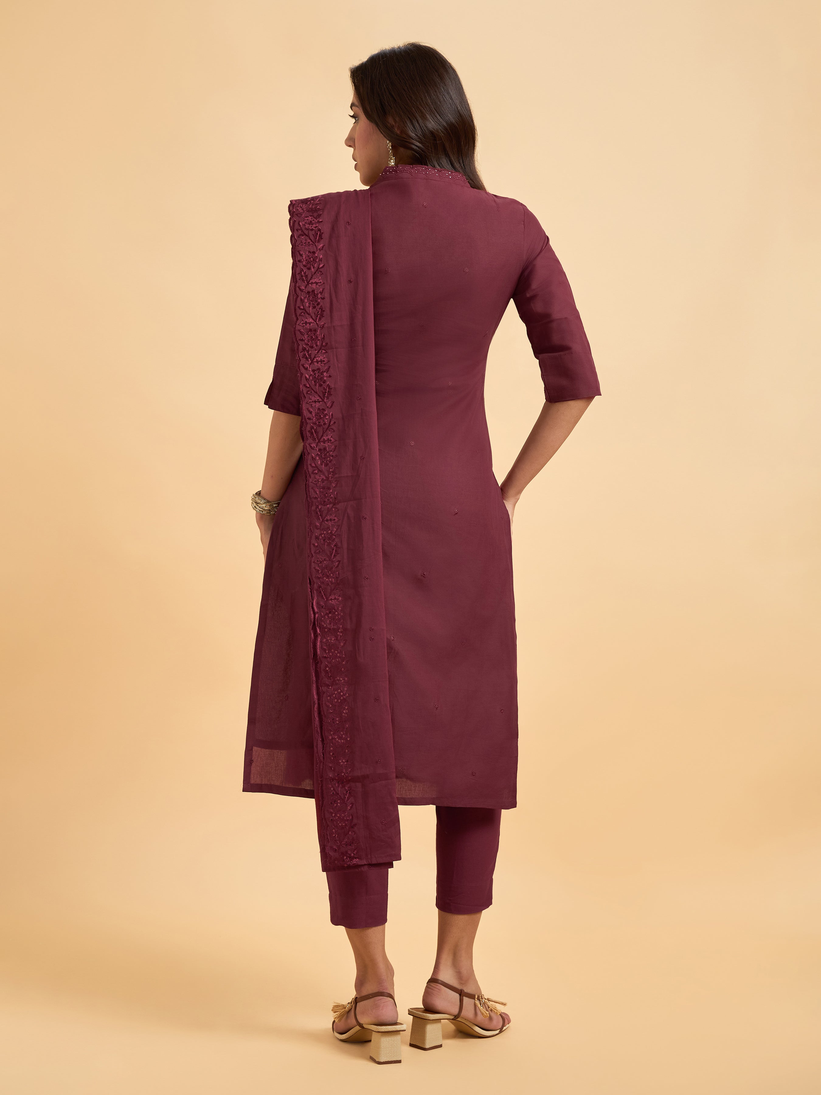 Maroon Pure Cotton Kurti Set With Dupatta And Hand Work Embroidery