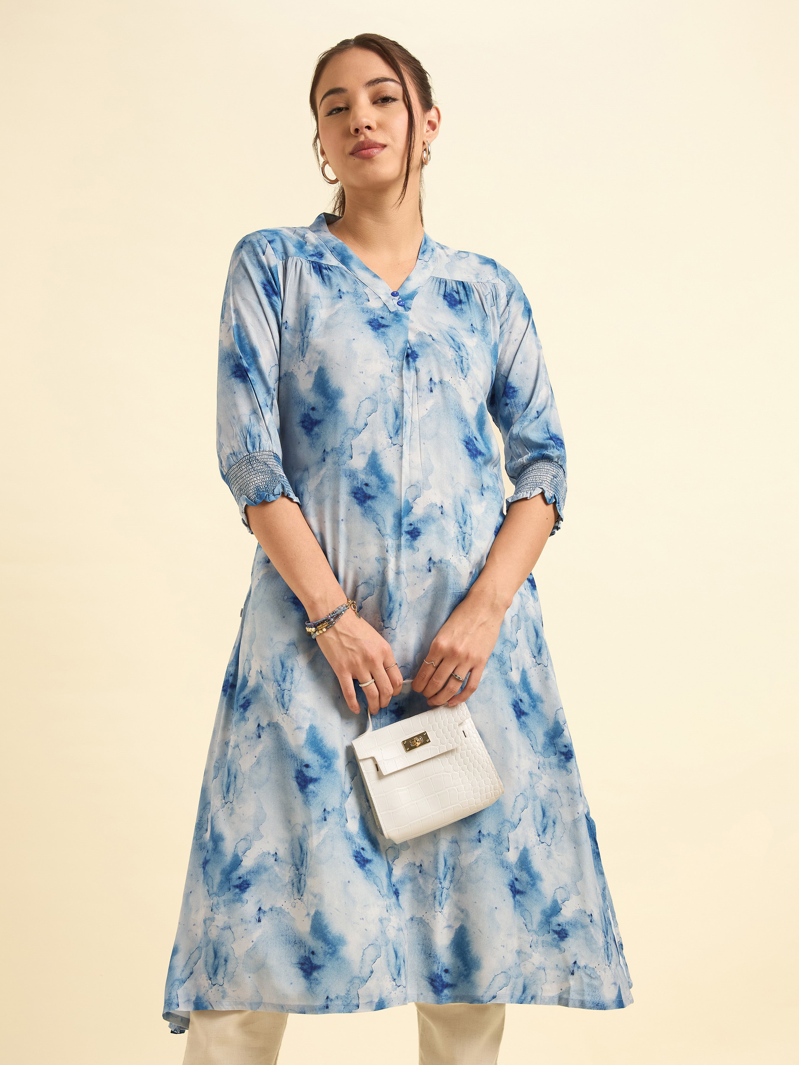 Sky Blue Muticolour Vicose Printed Flared Kurti With Smocking And Knife Pleat