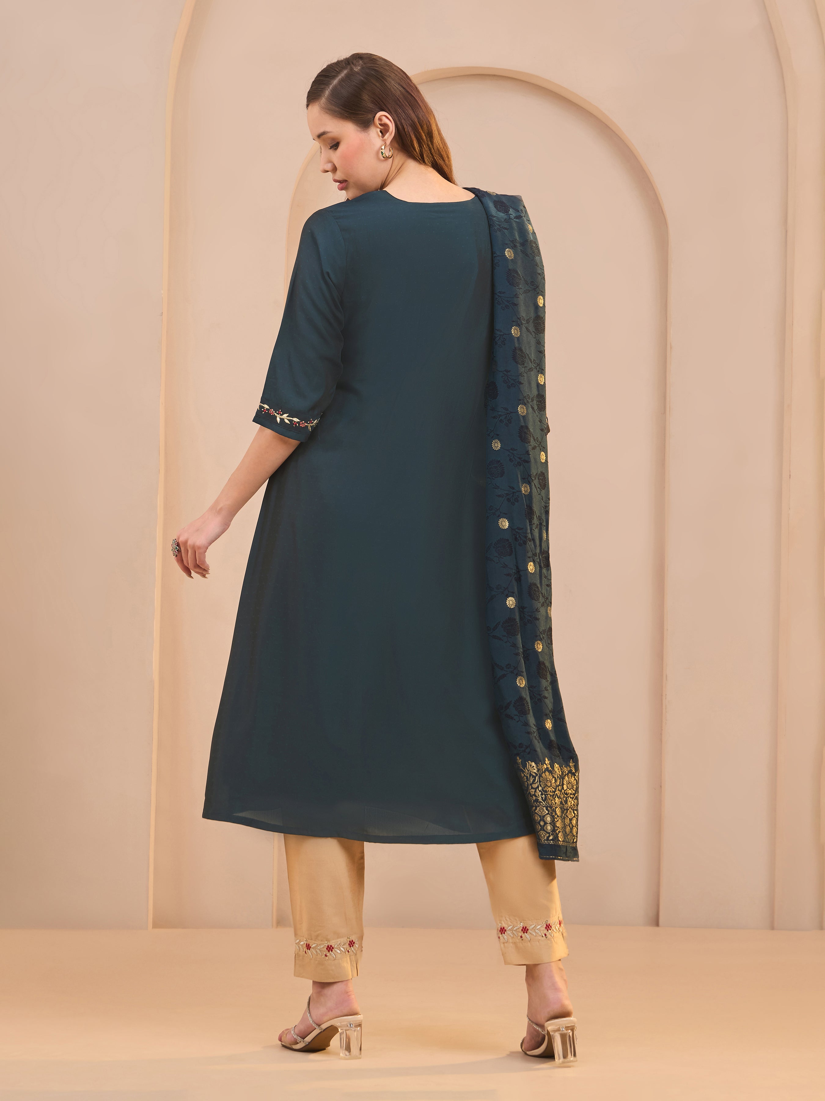Navy Blue Viscose Blend Kurti Set & Dupatta With Hand Work