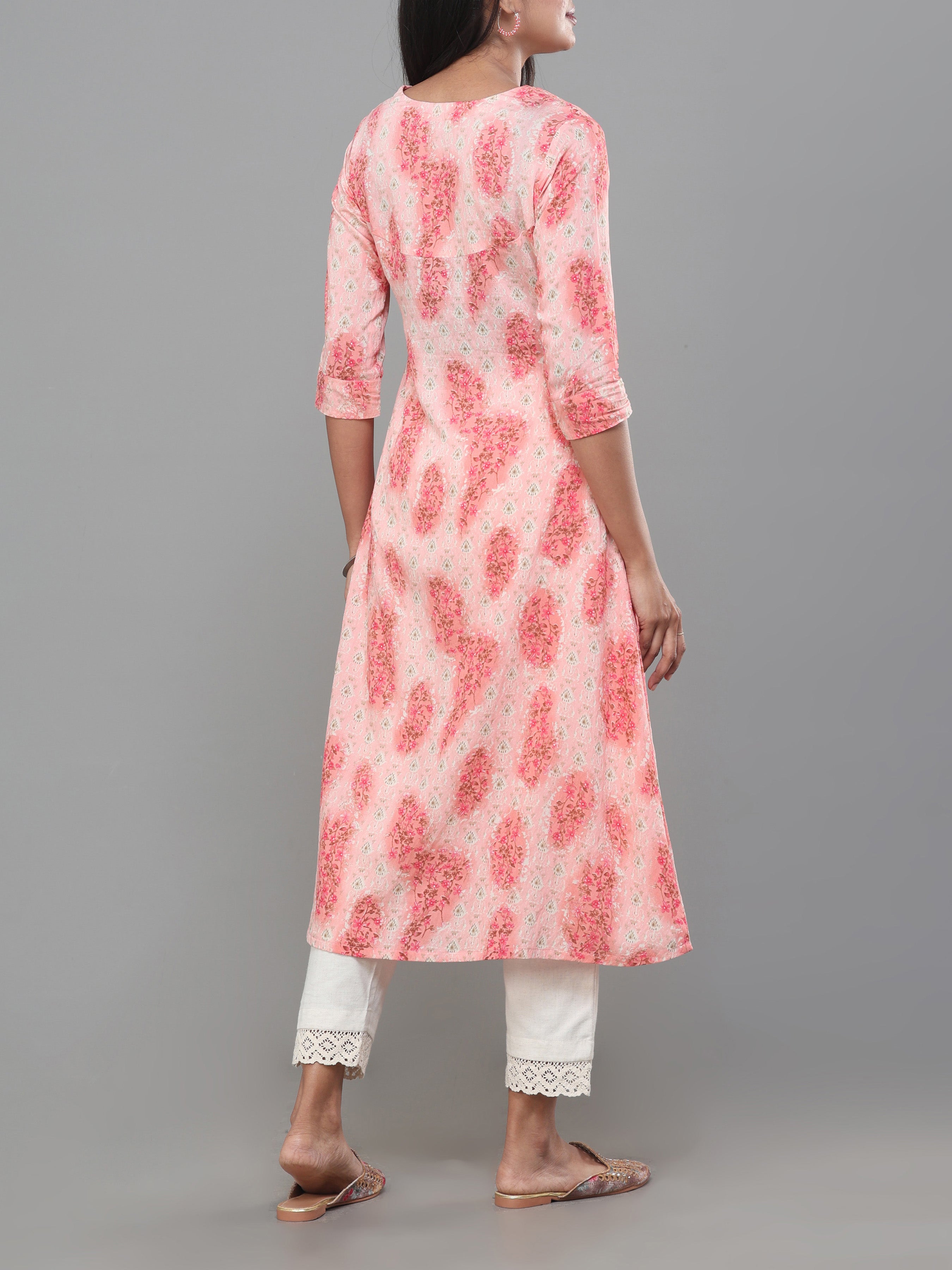 Peach Modal Chanderi Printed Kurti With Embroidery