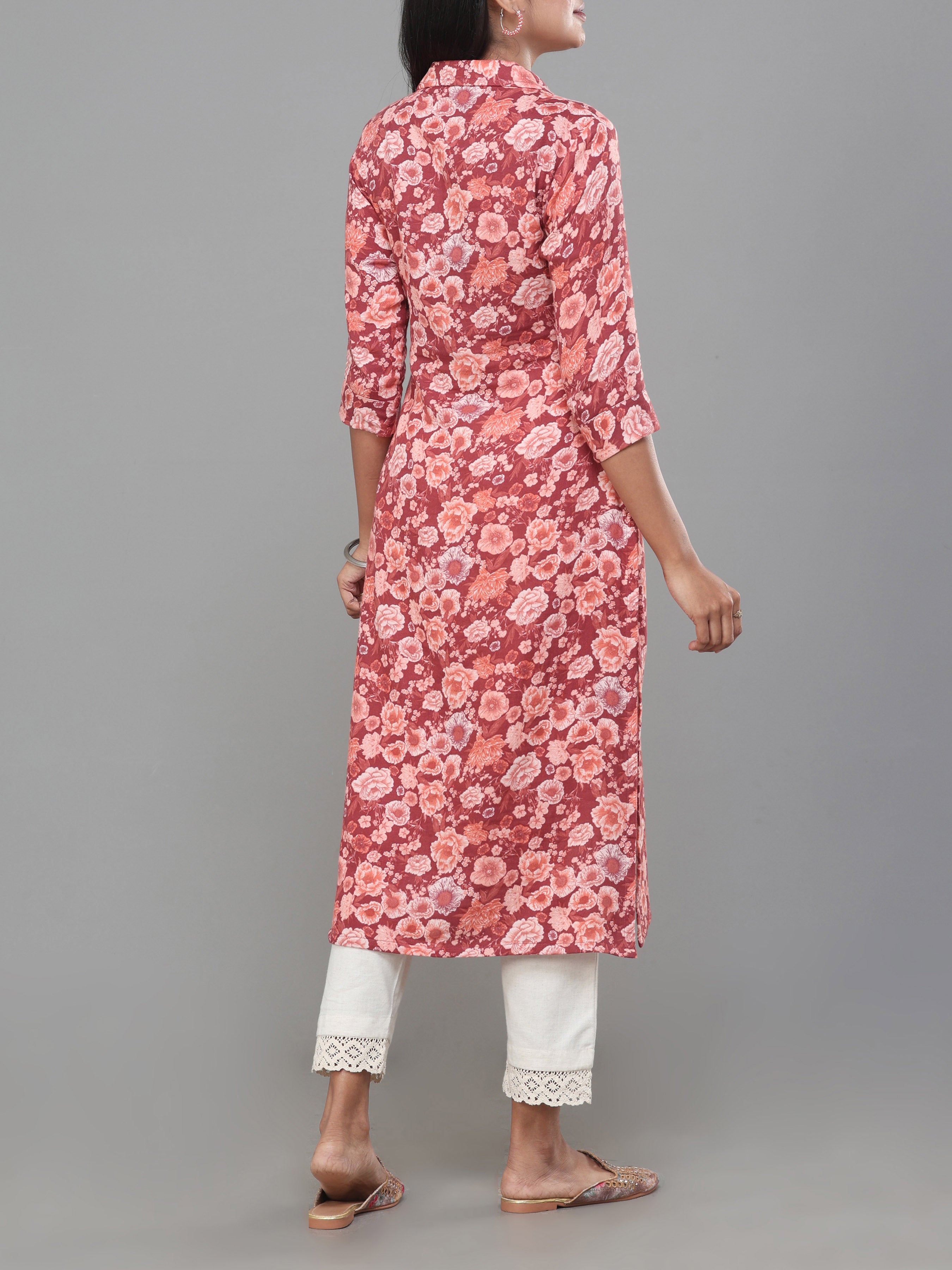 Brick Red Double Cotton Printed Kurti With Center Cut