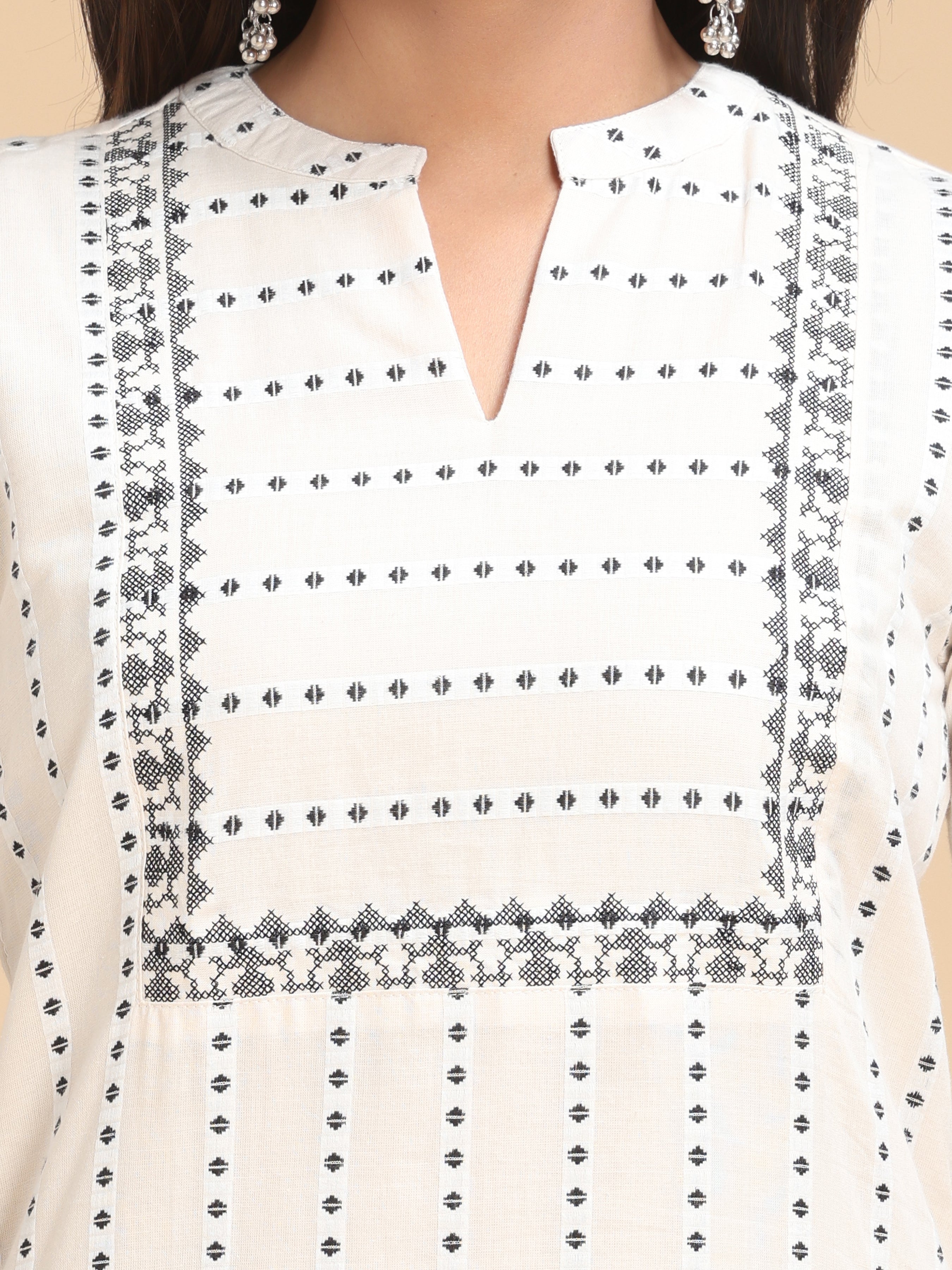 White Handloom Cotton Weaving Kurti With Embroidery