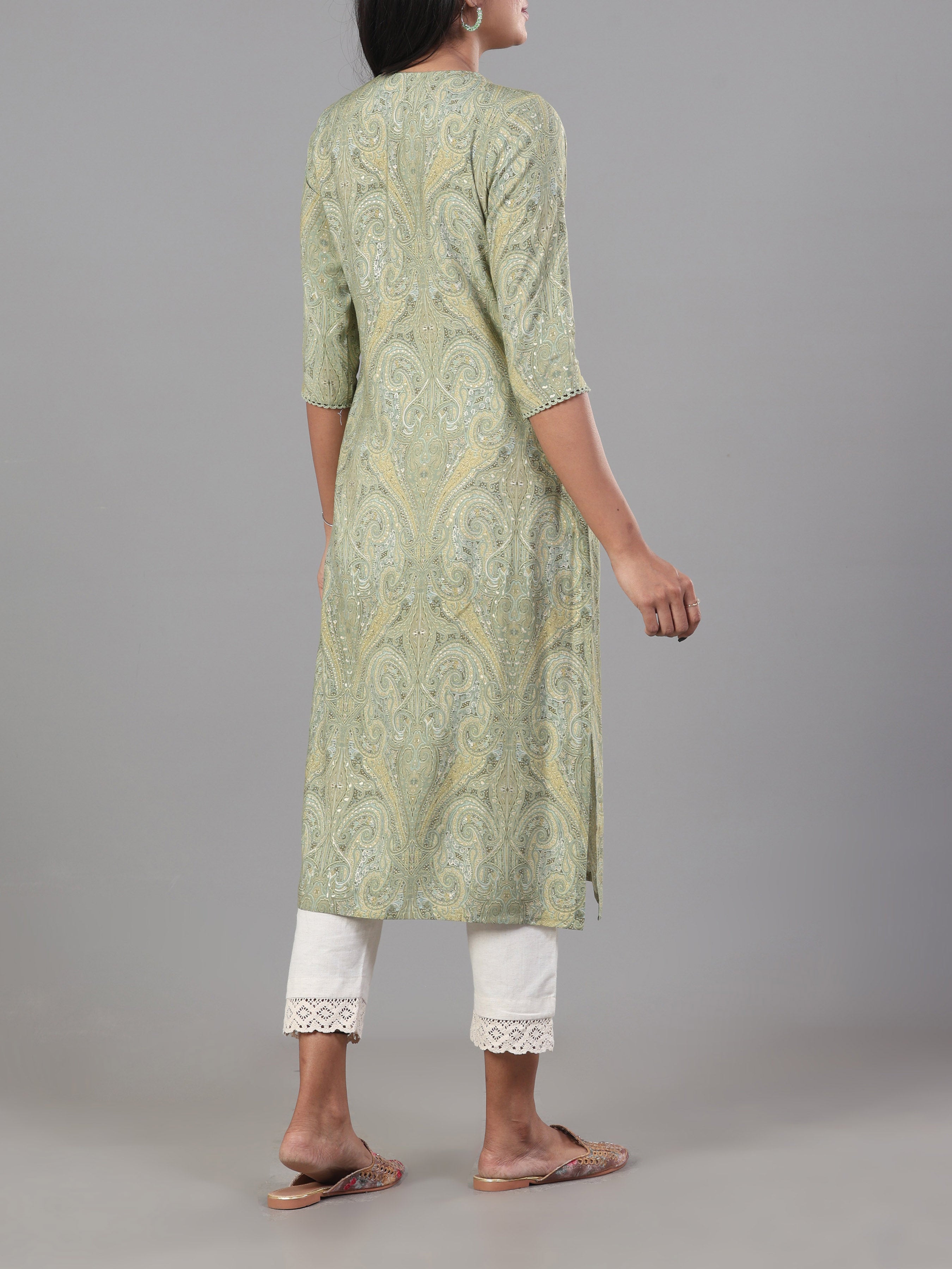 Light Green Modal Chanderi Printed Kurti With Lace Detailing