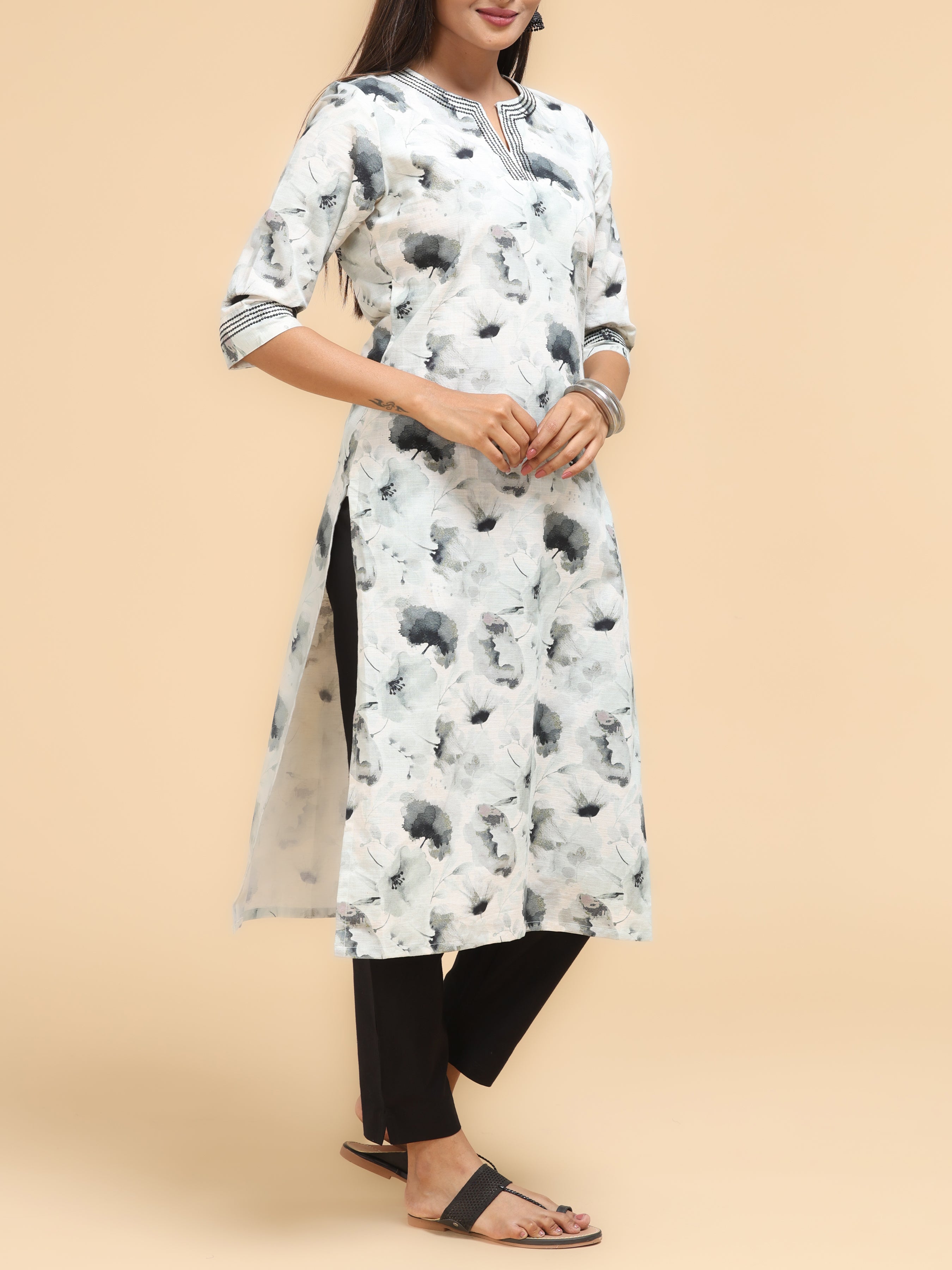 Off White Viscose Cotton Kurti With Digital Print