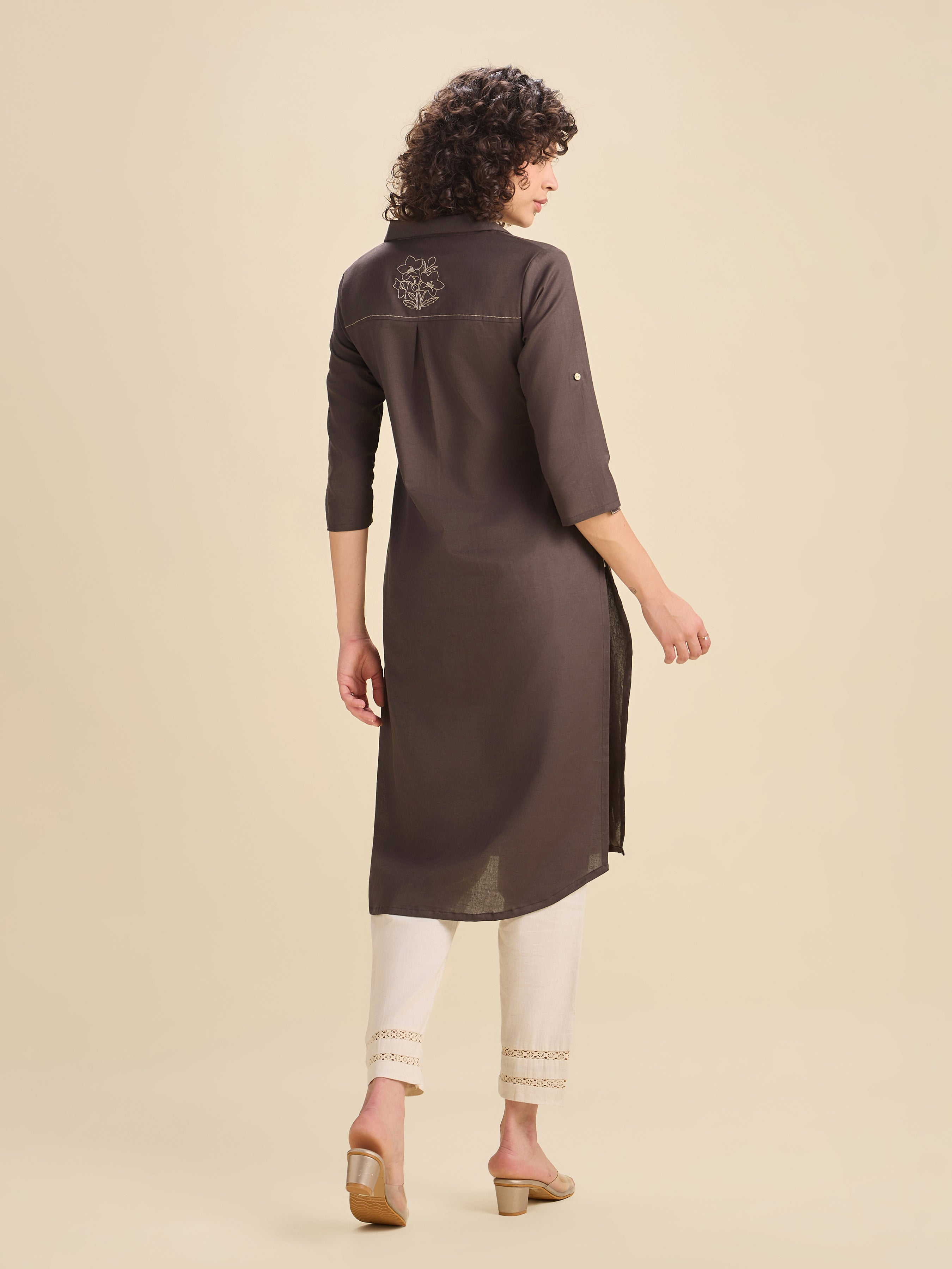 Coffee Brown Cotton Flax Slited Kurti With Embroidery