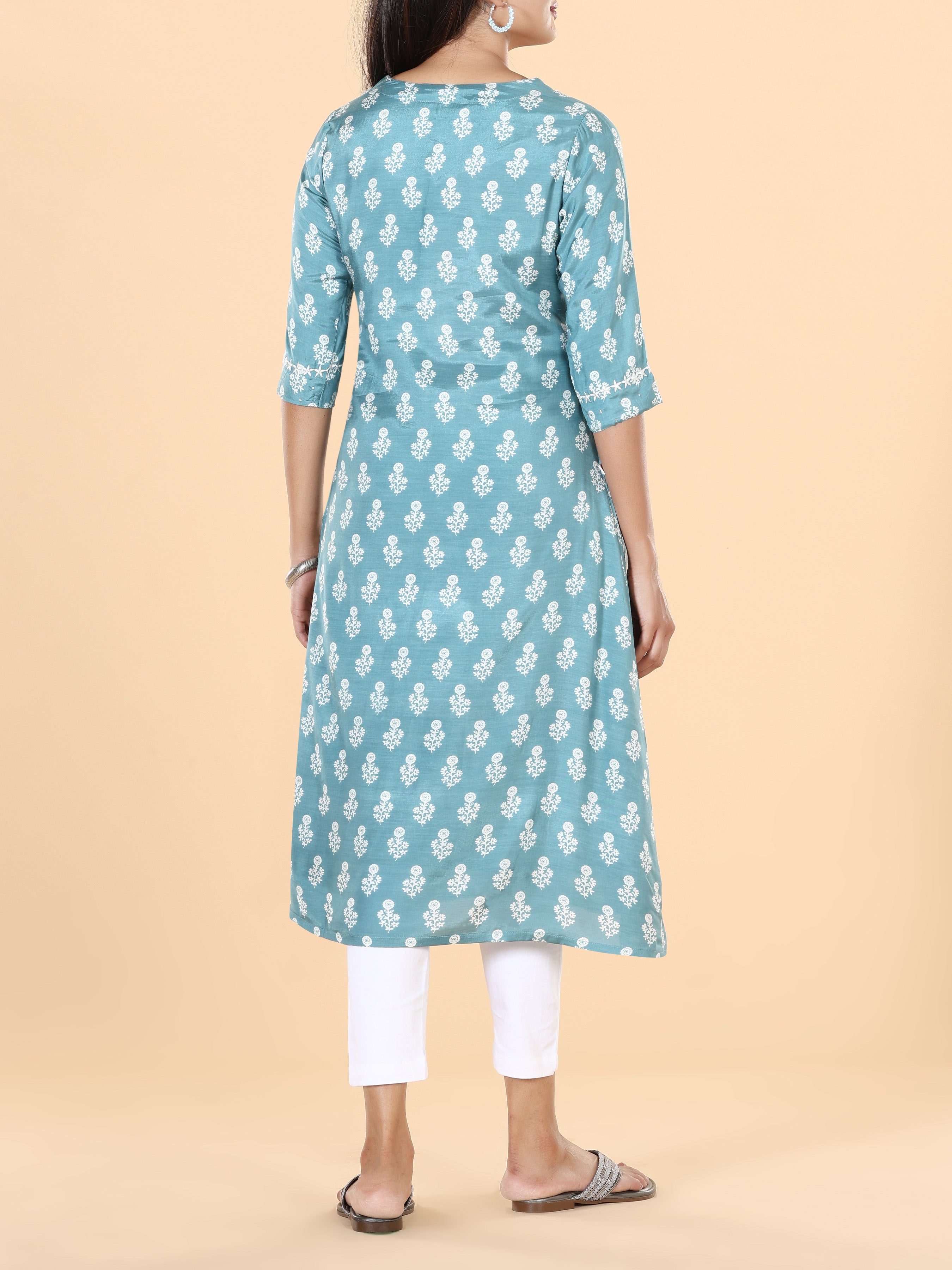 Light Blue Muslin Printed Kurti With Embroidery And Sequins Work
