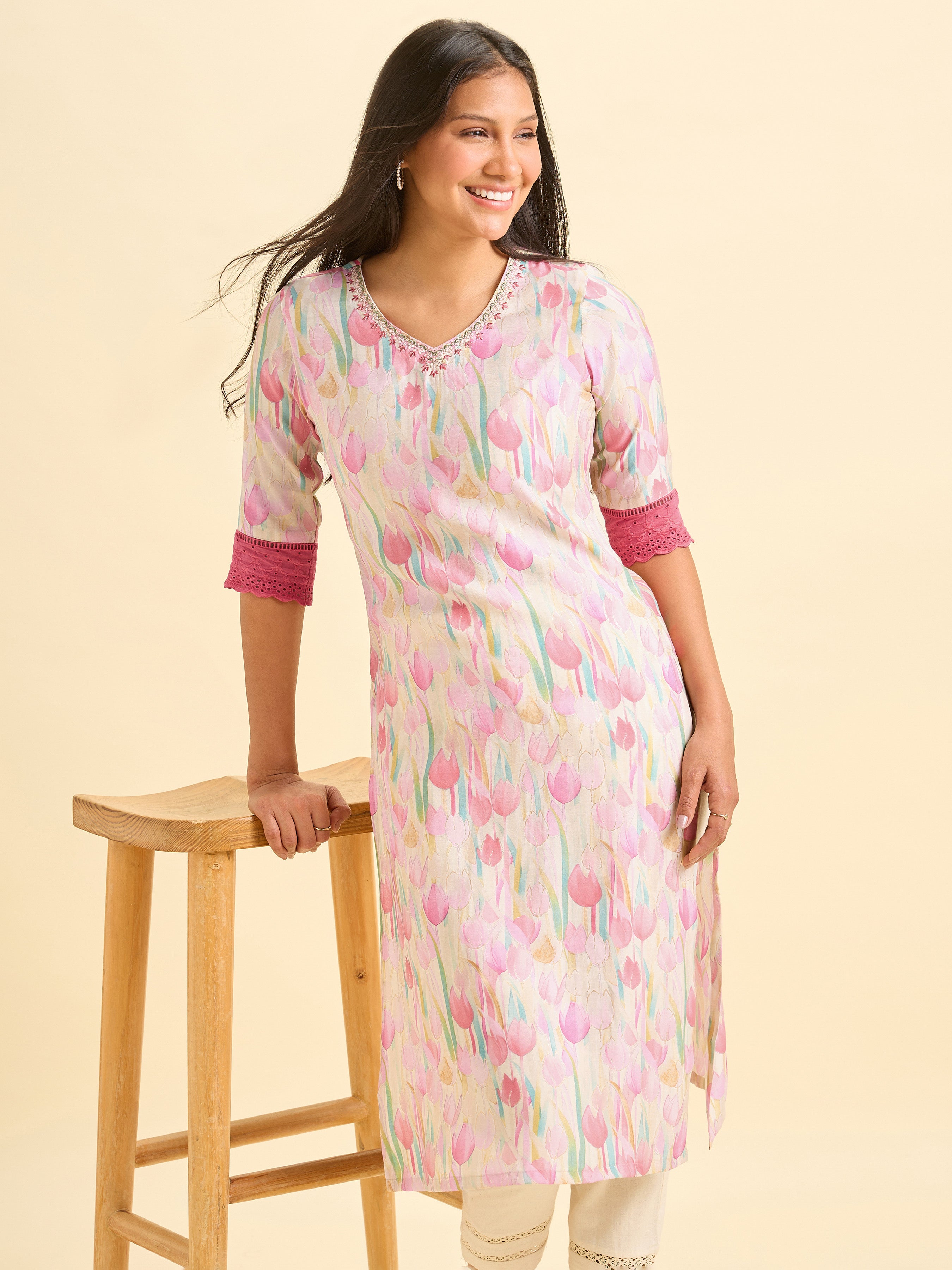 Multi Colour Modal Chanderi Printed Slited Kurti With Embroidery And Lace