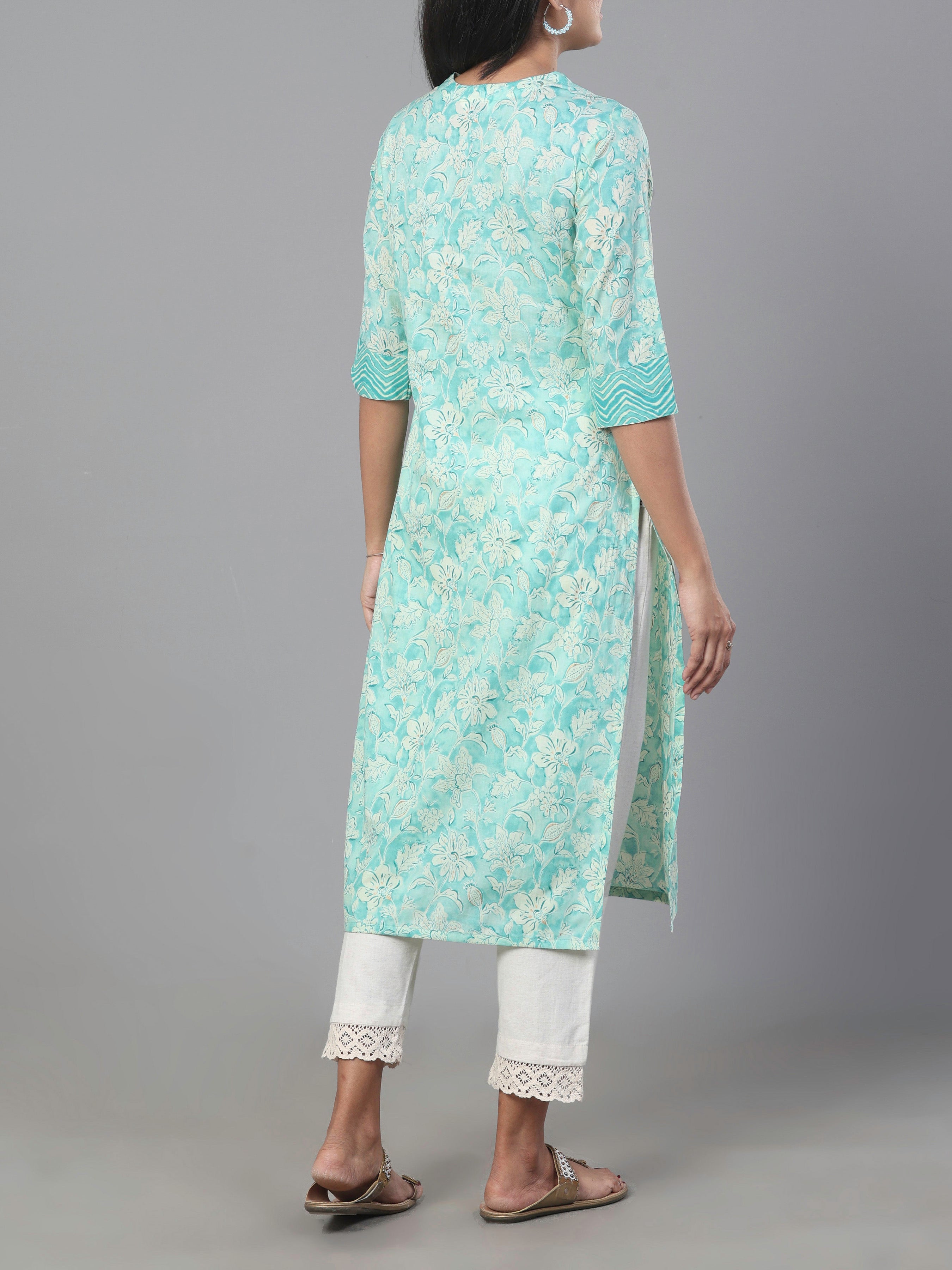 Aqua Blue Pure Cotton Printed Kurti With Embroidery