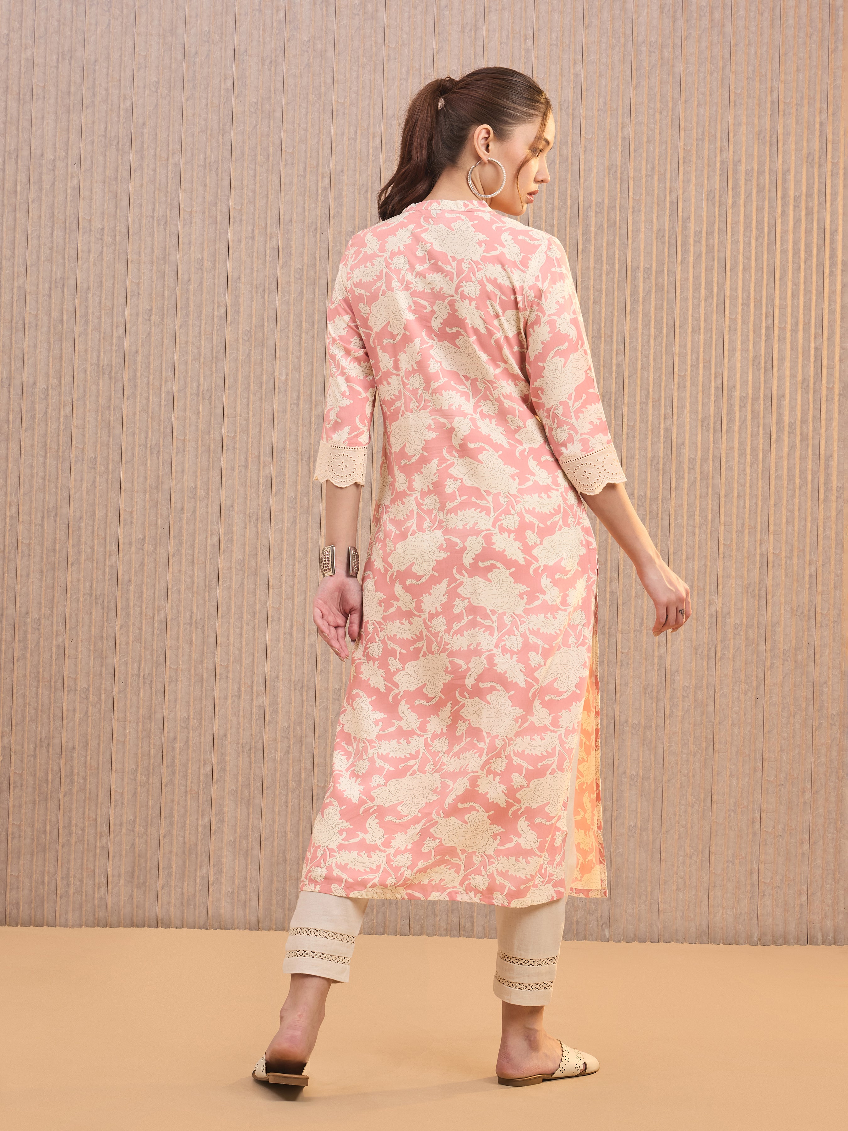 Blush Pink Viscose Printed Kurti With Lace Detailing