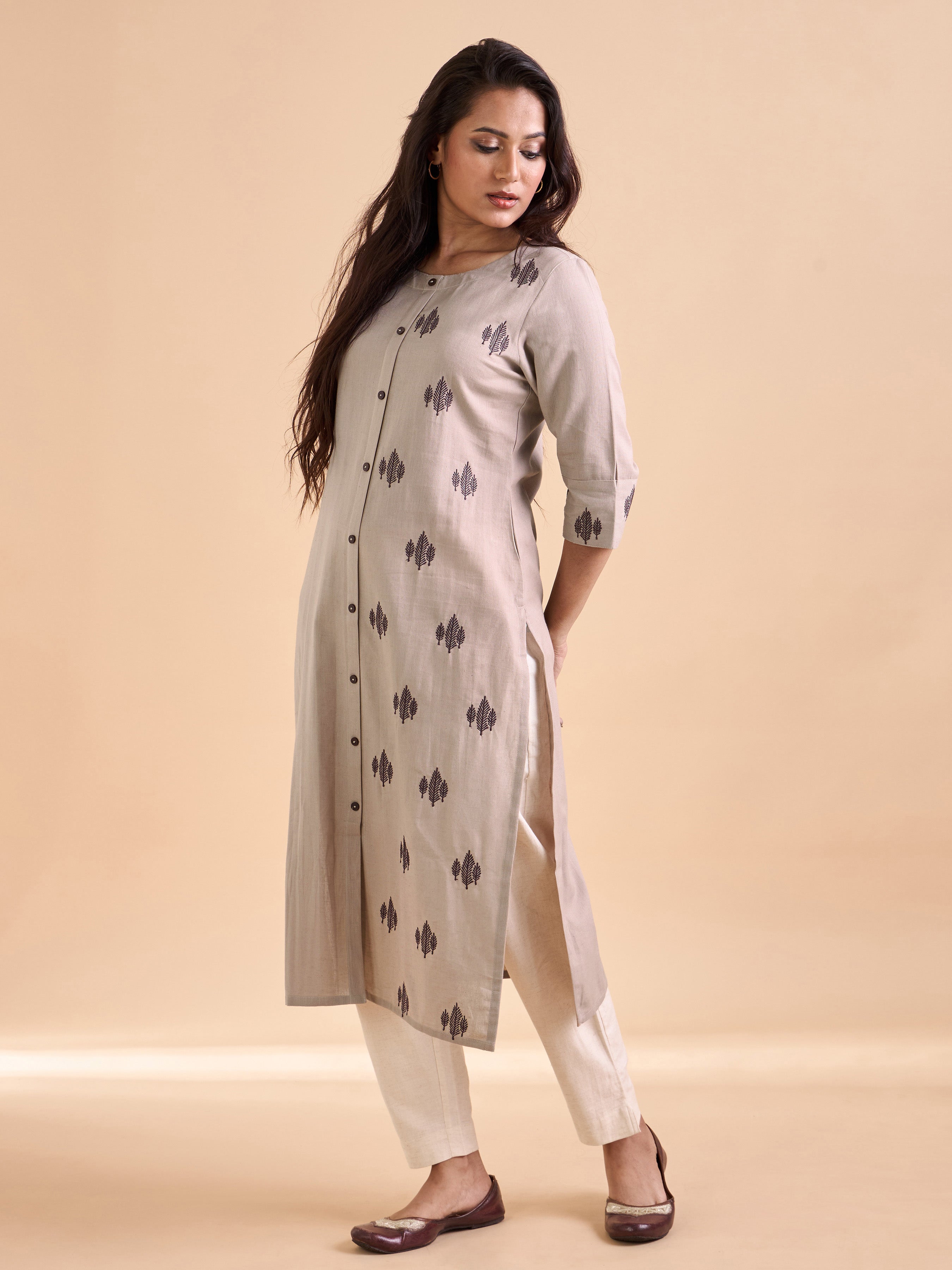 Light Brown Cotton Flax Plain Kurti With Embroidery