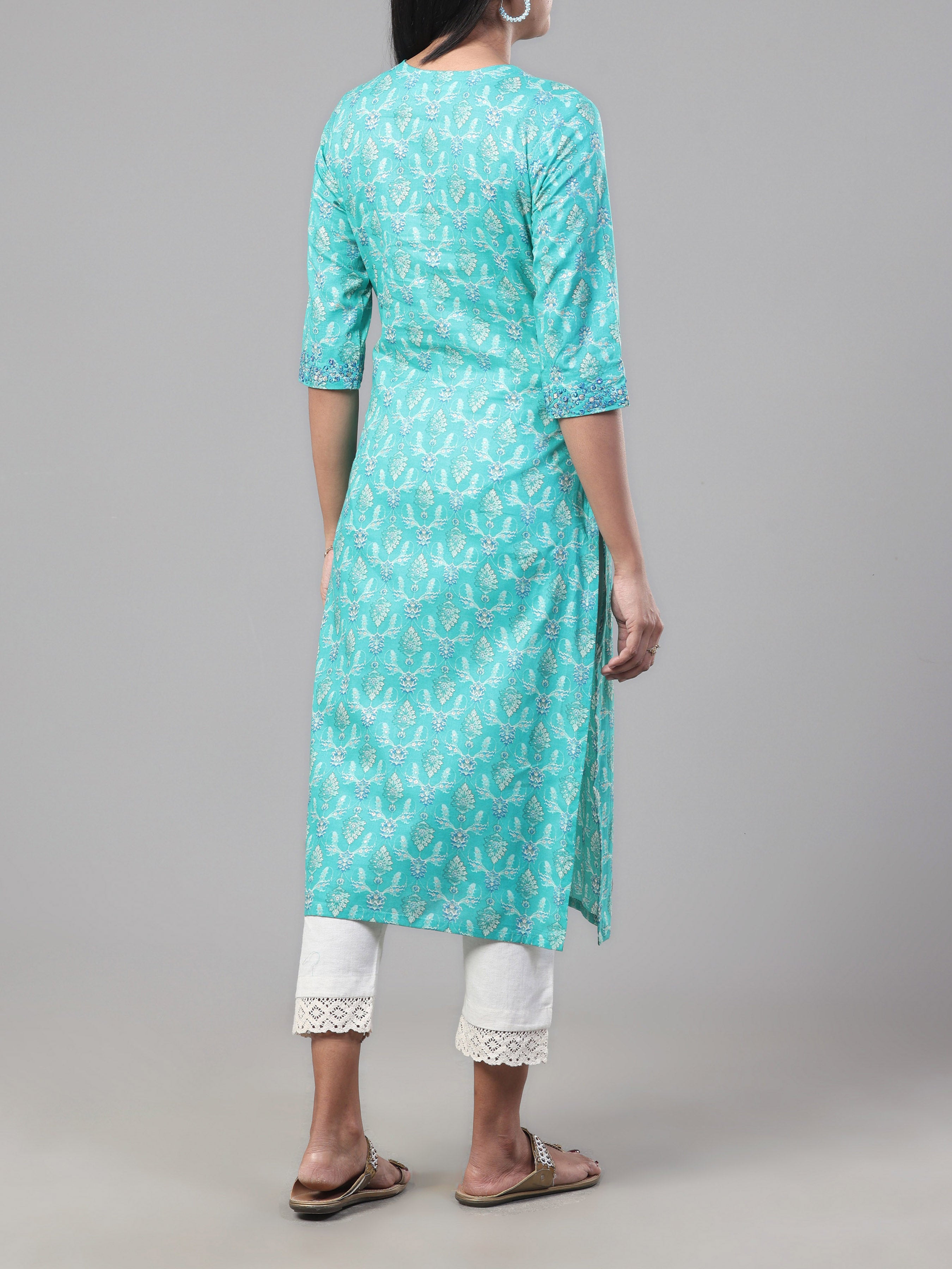 Aqua Blue Pure Cotton Printed Kurti With Embroidery