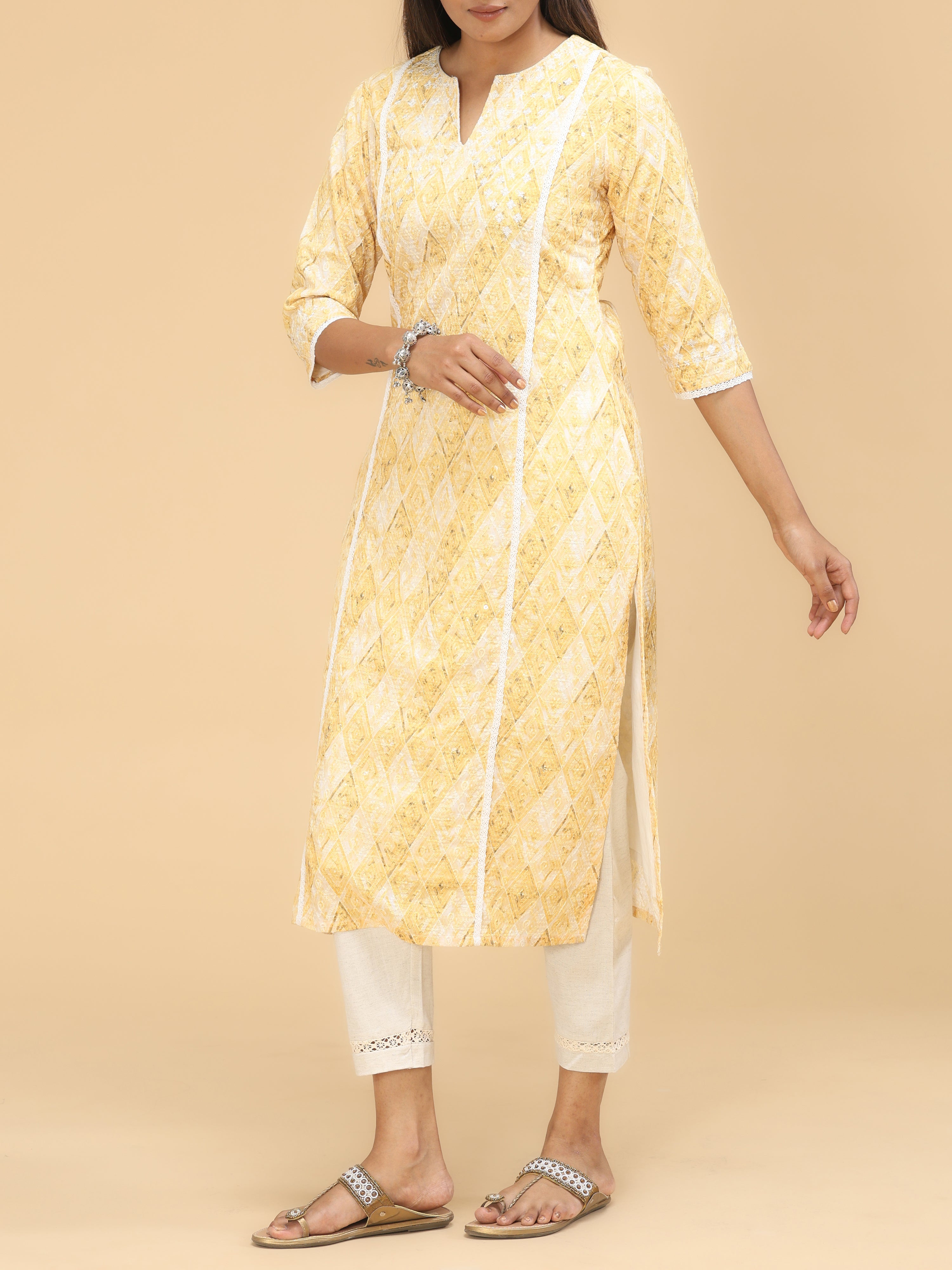 Yellow Viscose Schifili Printed Kurti With Embroidery