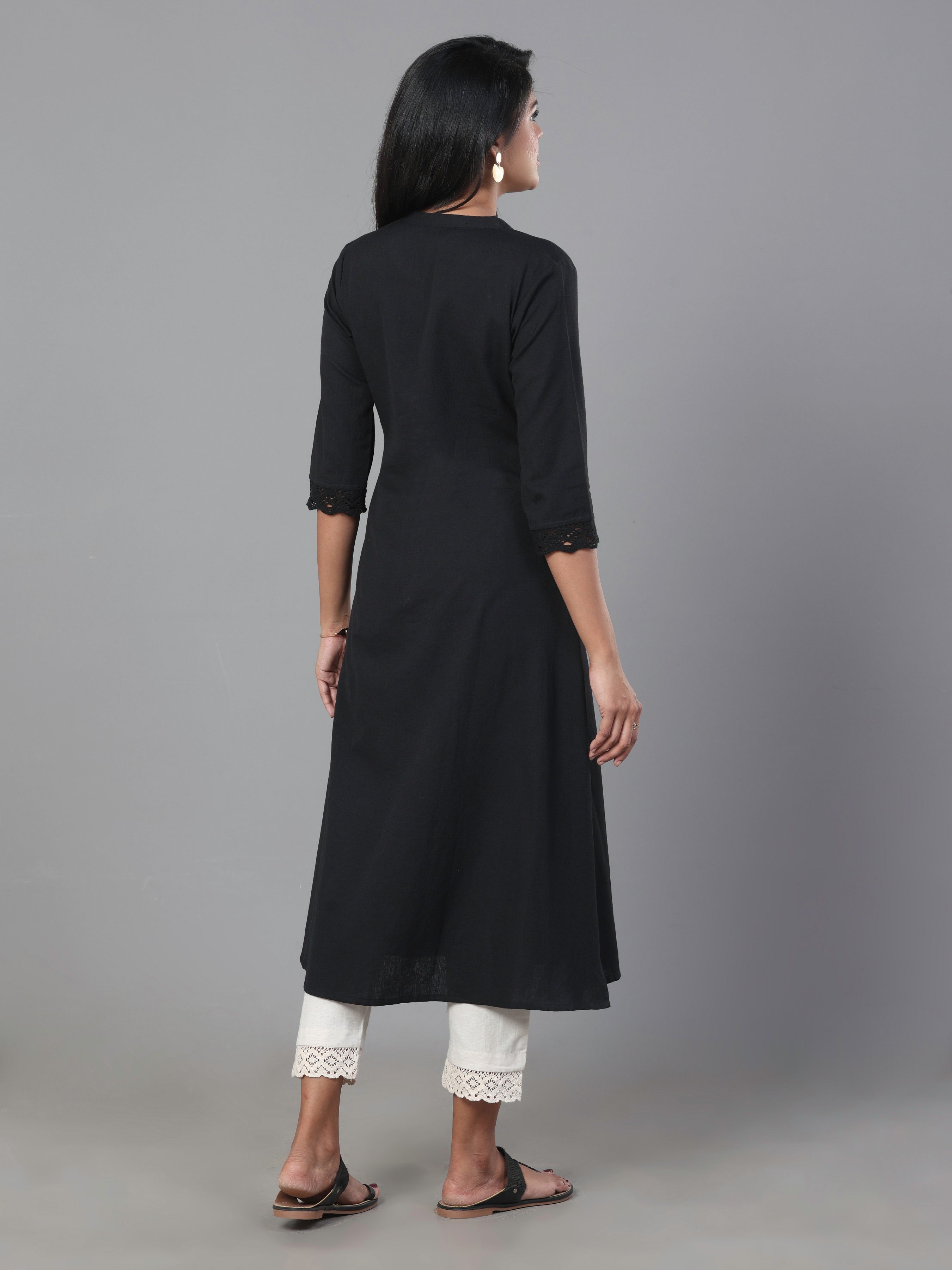 Black Cotton Flax Plain Kurti With Button Placket