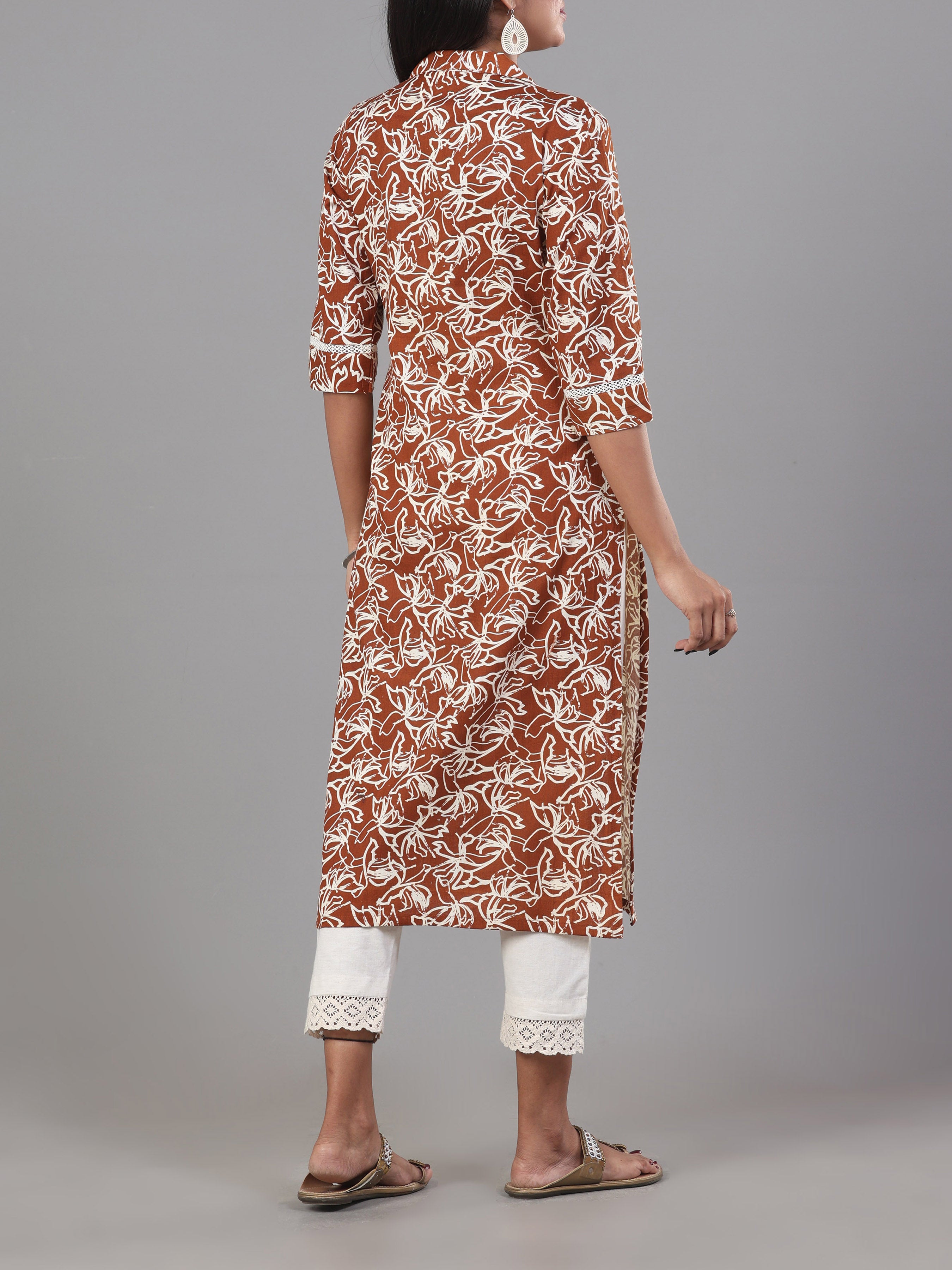 Teak Brown Cotton Flax Printed Kurti