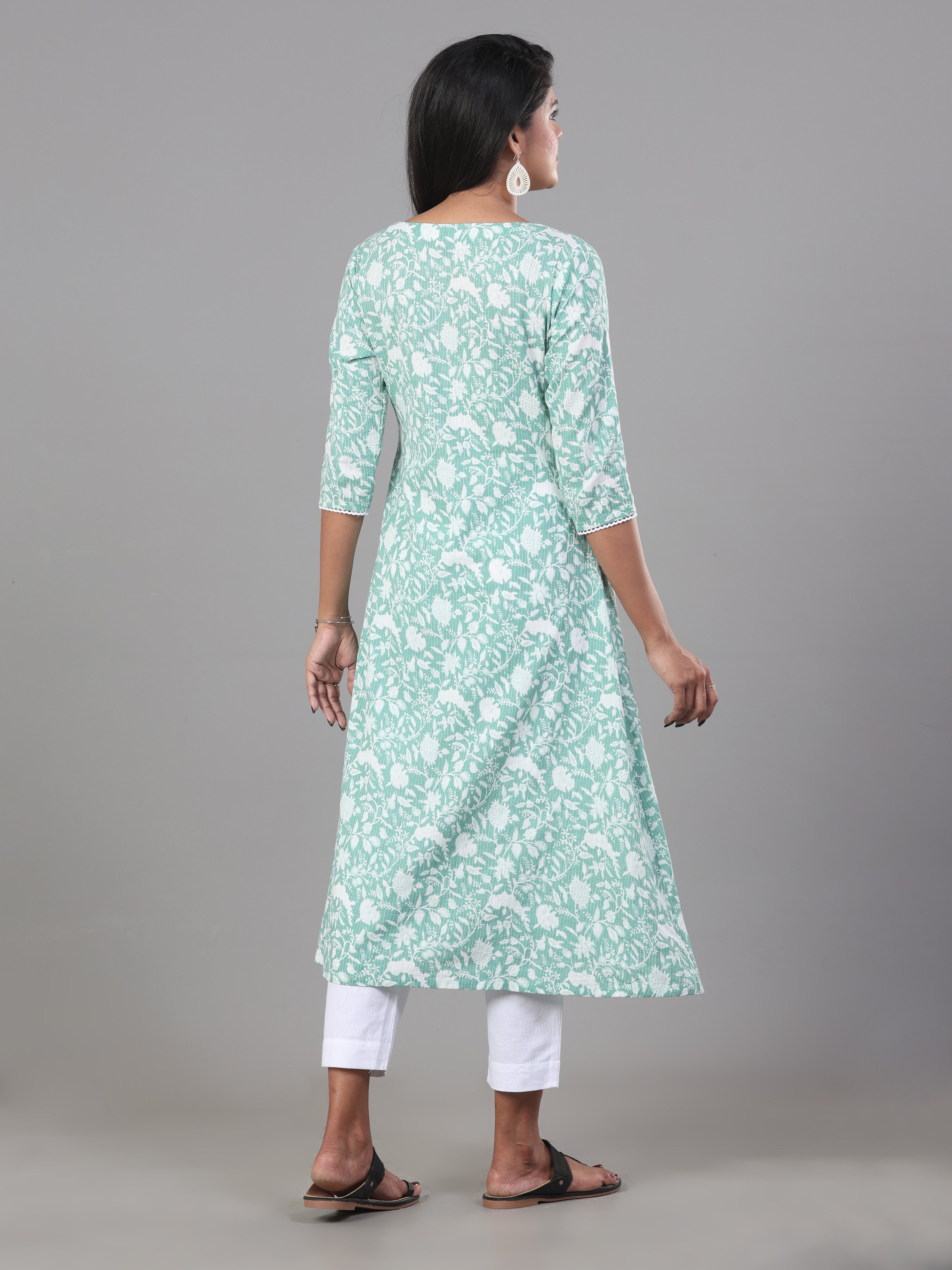 Mint Green Pure Cotton Katha Printed Kurti With Sequins Work