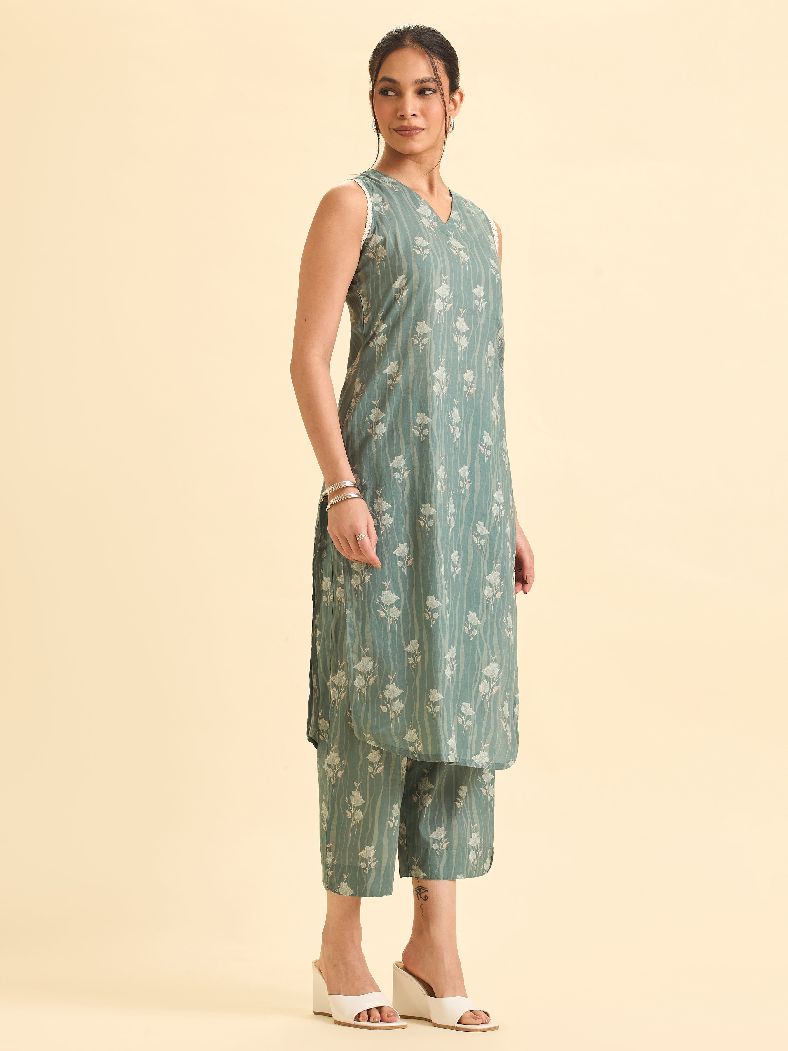Sage Green Muticolour Pure Cotton Printed Slited Kurti Set With Lace