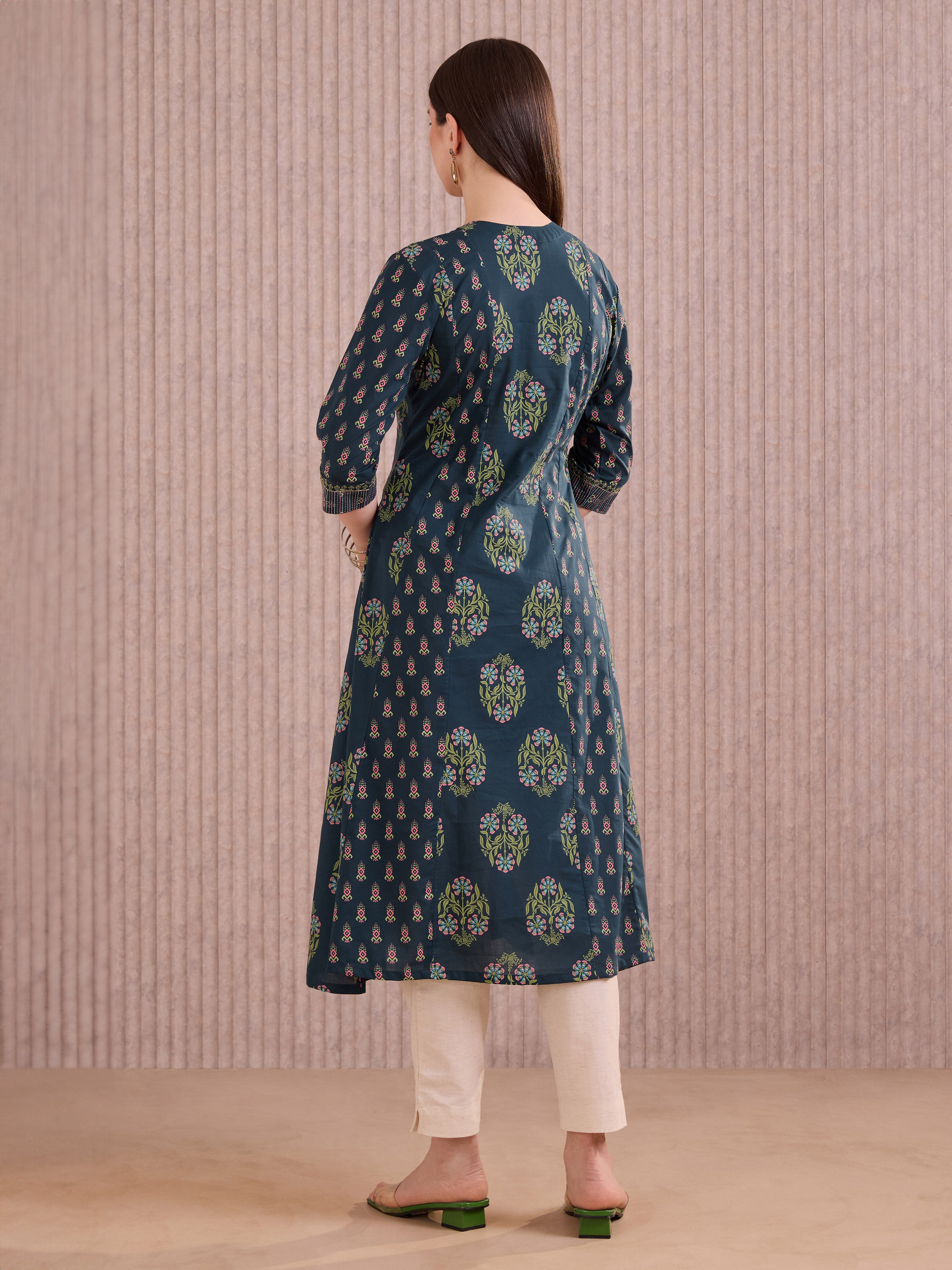 Navy Blue Cotton Printed Flared Kali Cut Kurti With Embroidery