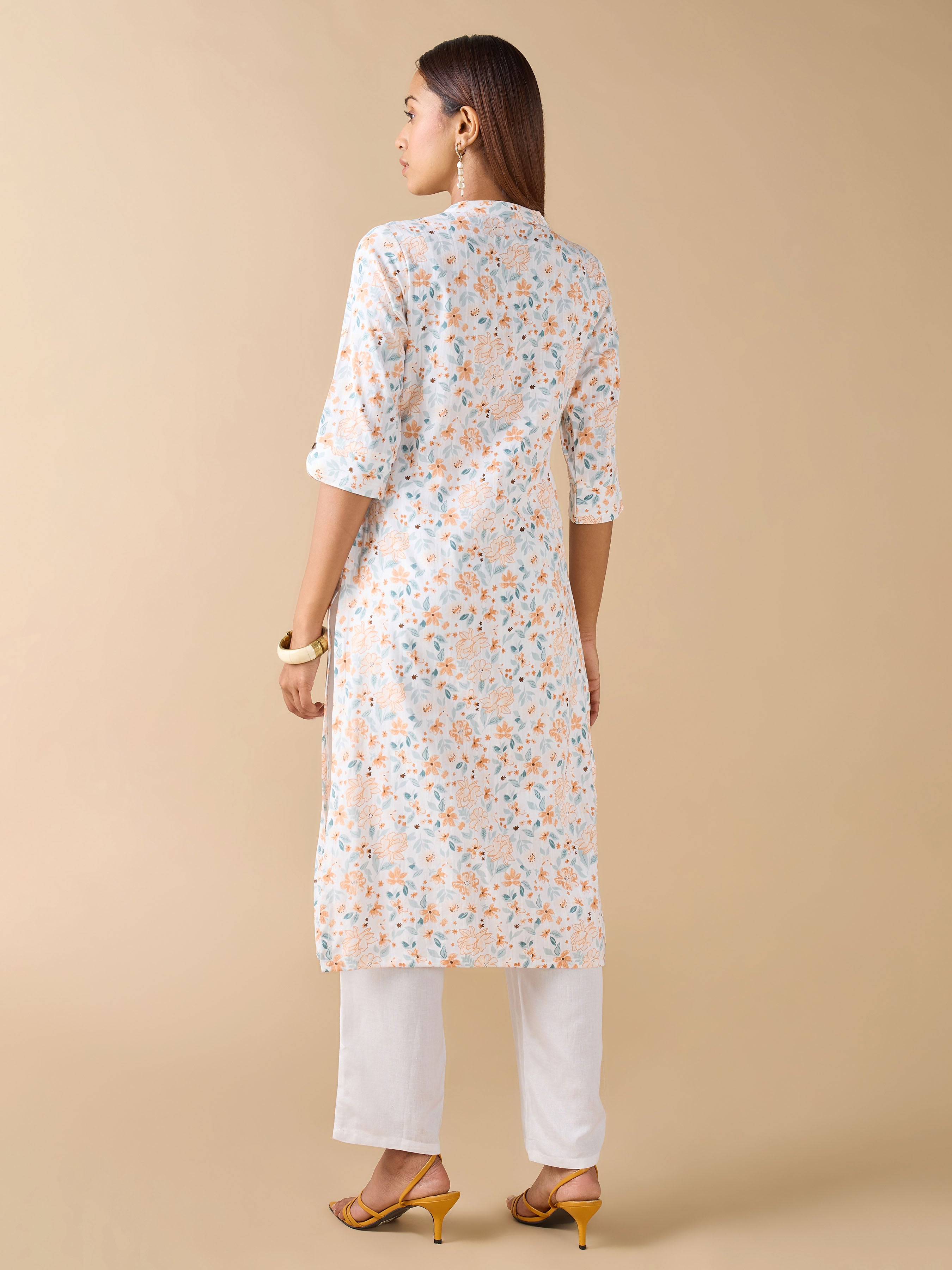 White Pure Cotton Dobby Printed Kurti With Princess Cut