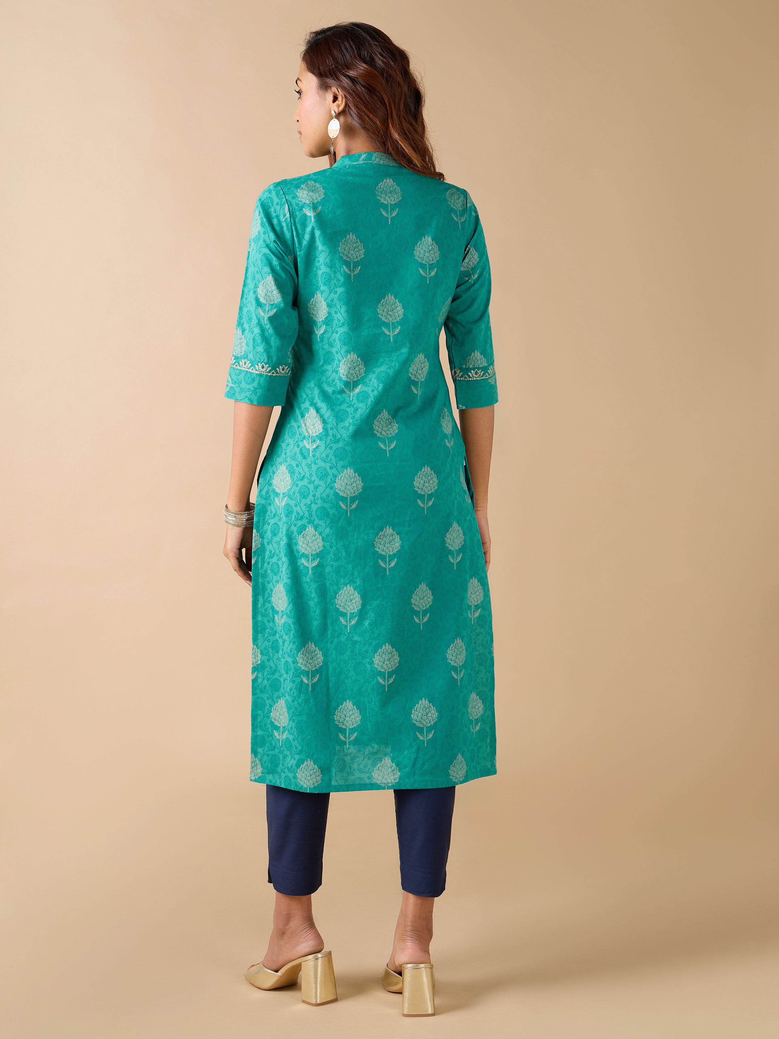 Teal Green Pure Cotton Printed Kurti With Embroidery