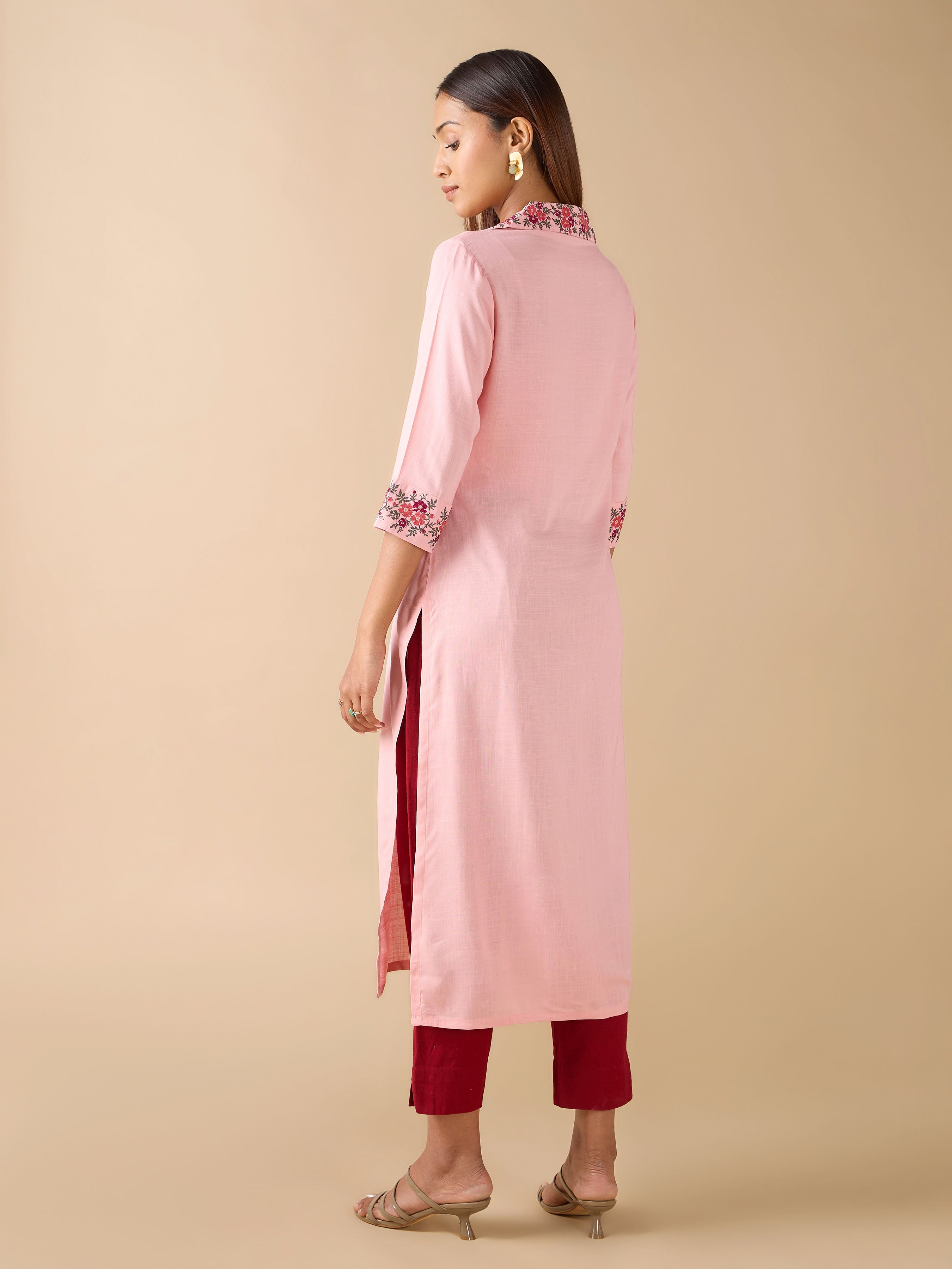 Baby Pink Viscose Slub Kurti With Cross Stitch Embroidery