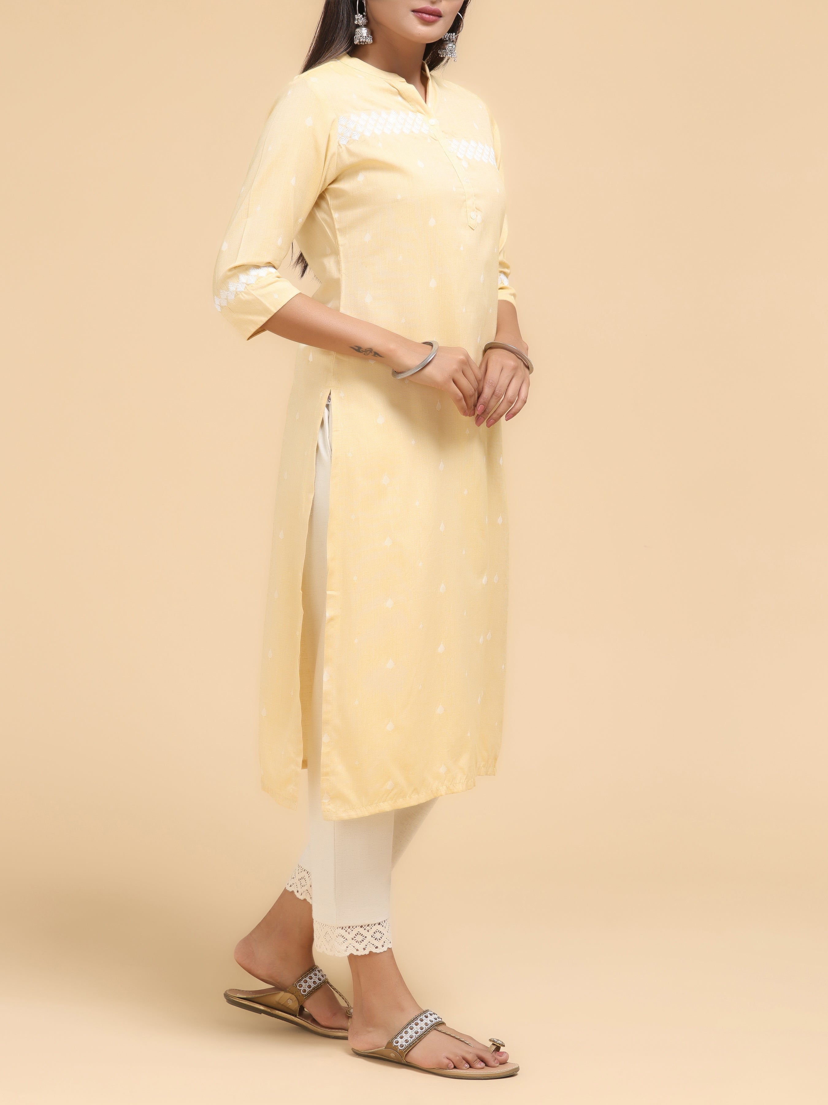 Lemon Yellow Pure Cotton Kurti With Embroidery