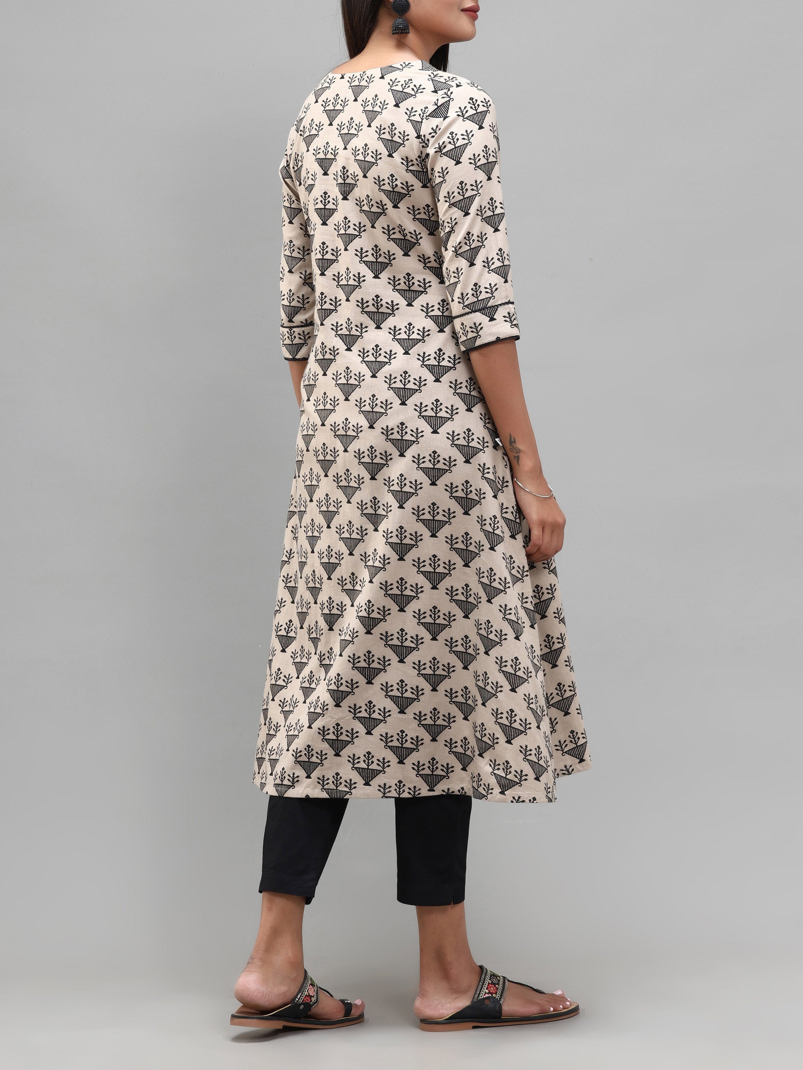 Beige Cotton Flax Printed Kurti With Lace Detailing