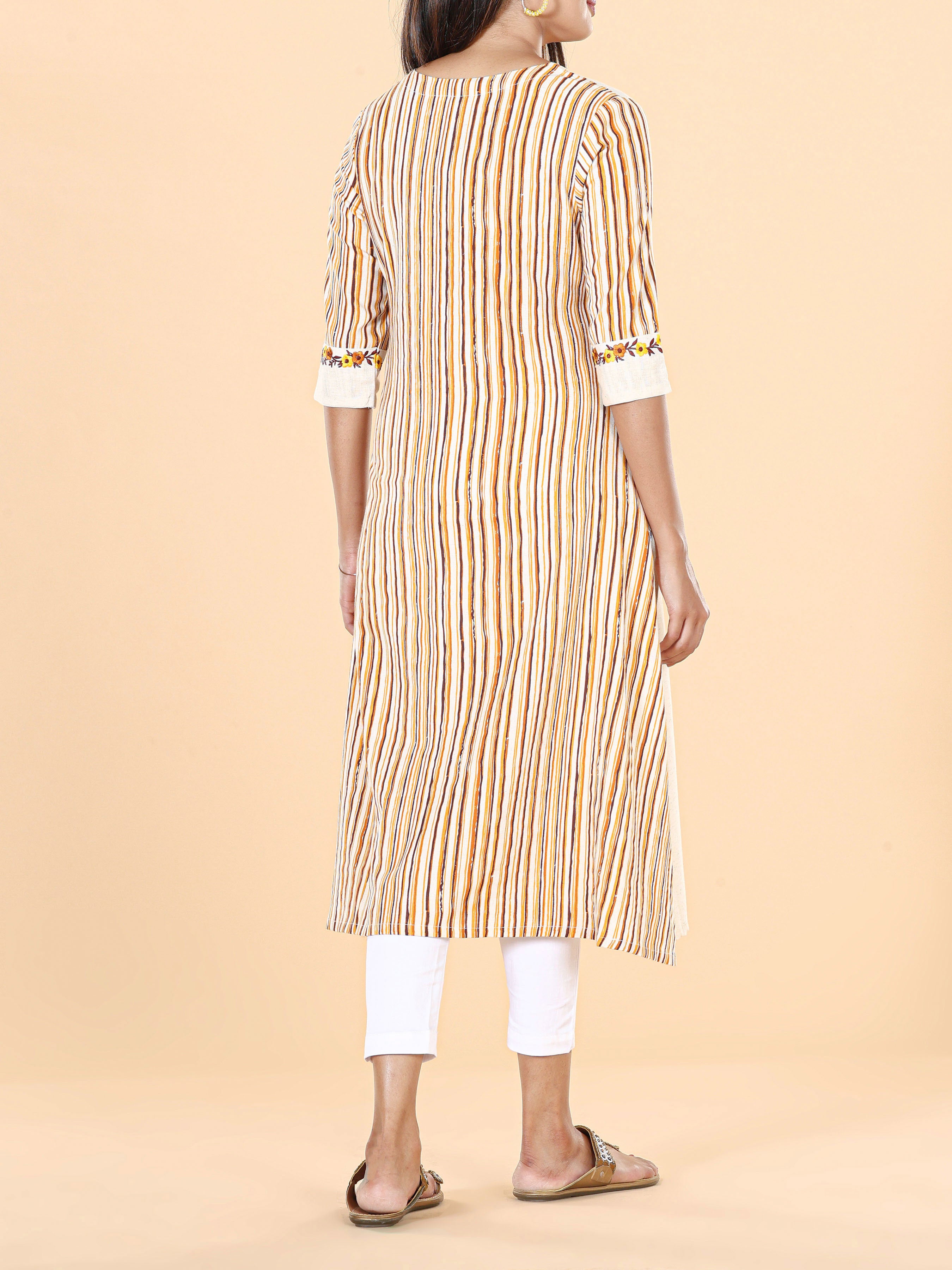 Multi-Color Cotton Flax Printed Kurti With Embroidery