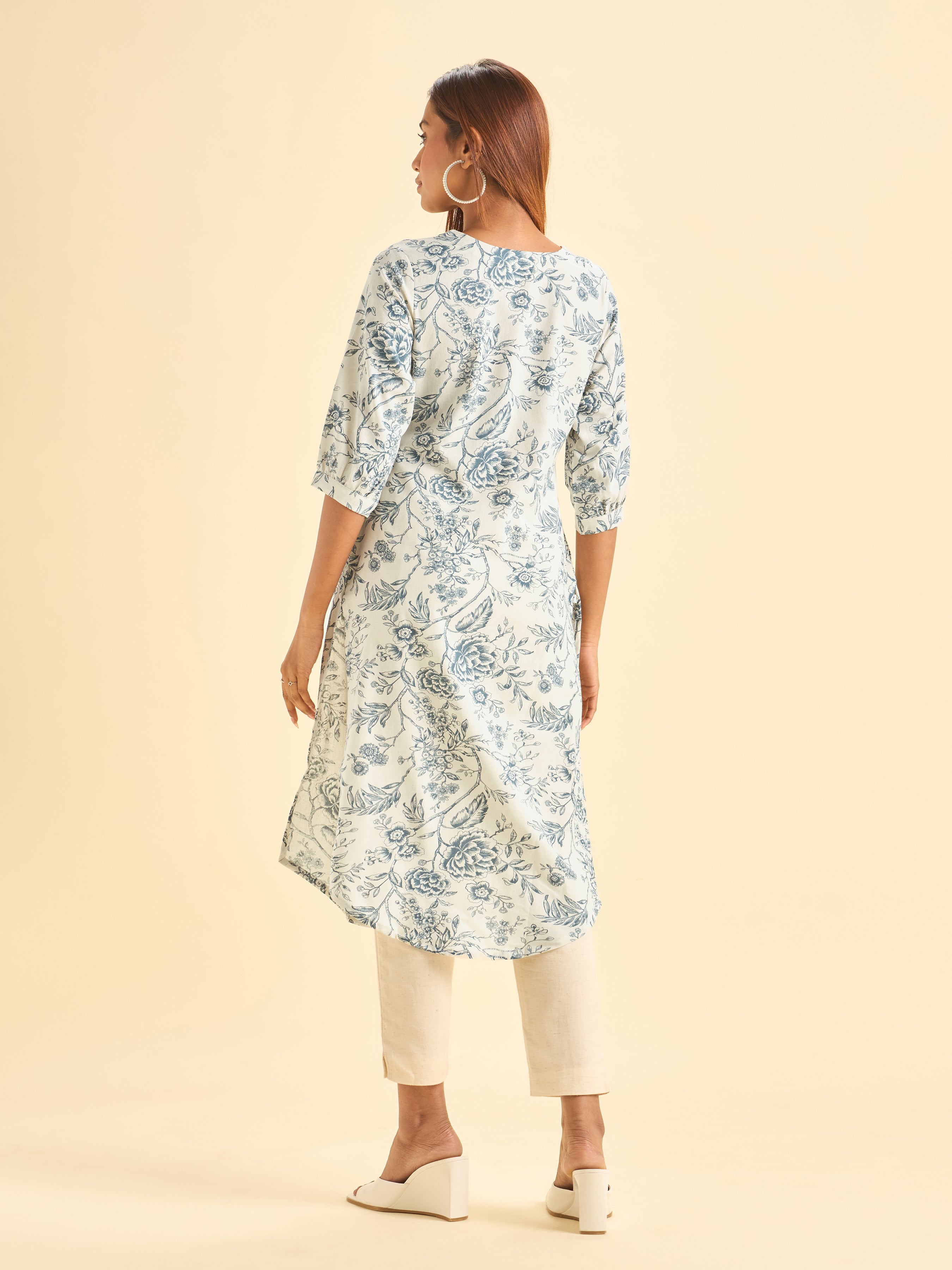 Ivory And Blue Cotton Flax Printed Kurti