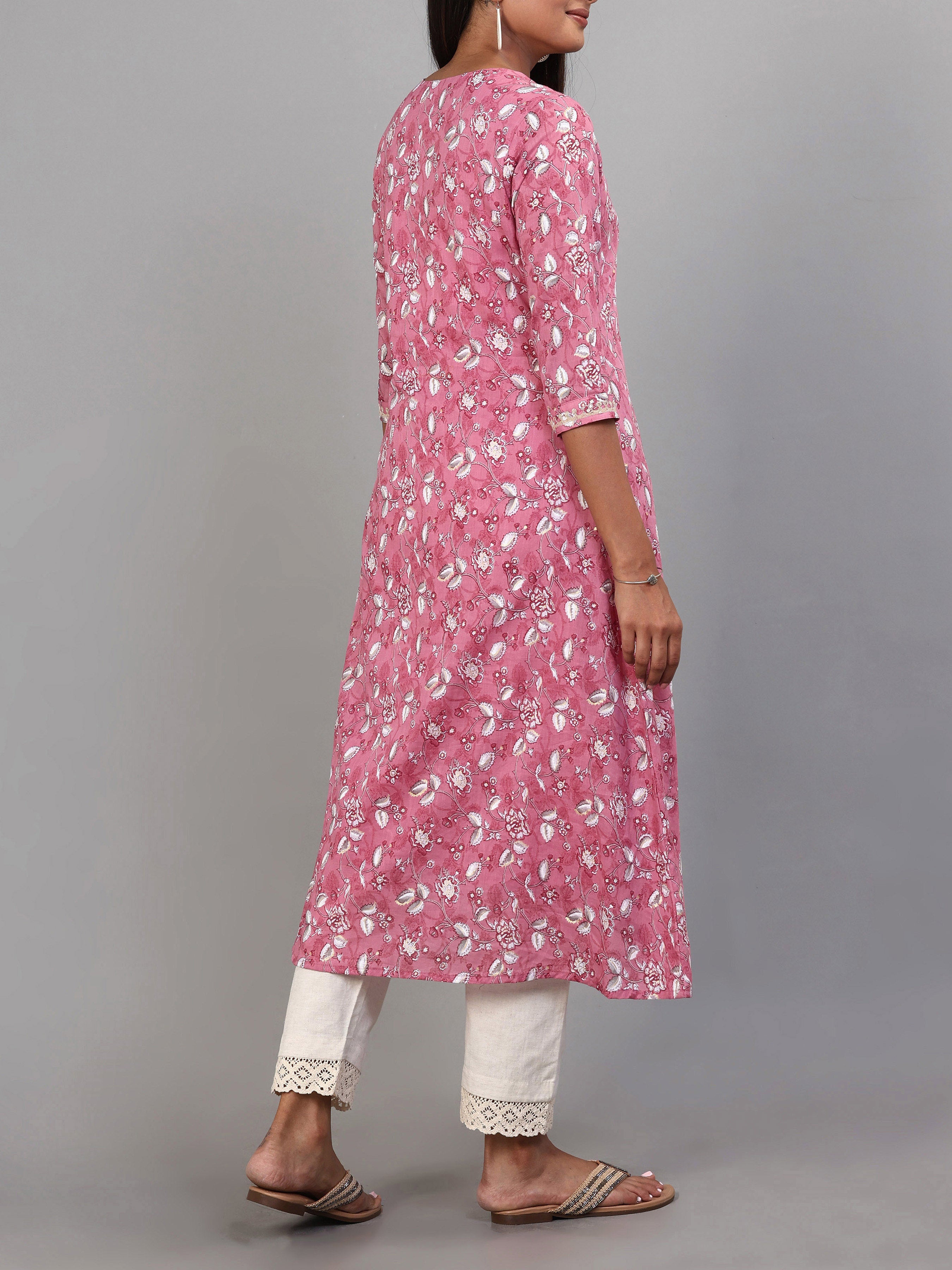 Onion Pink Pure Cotton Printed Kurti With Embroidery
