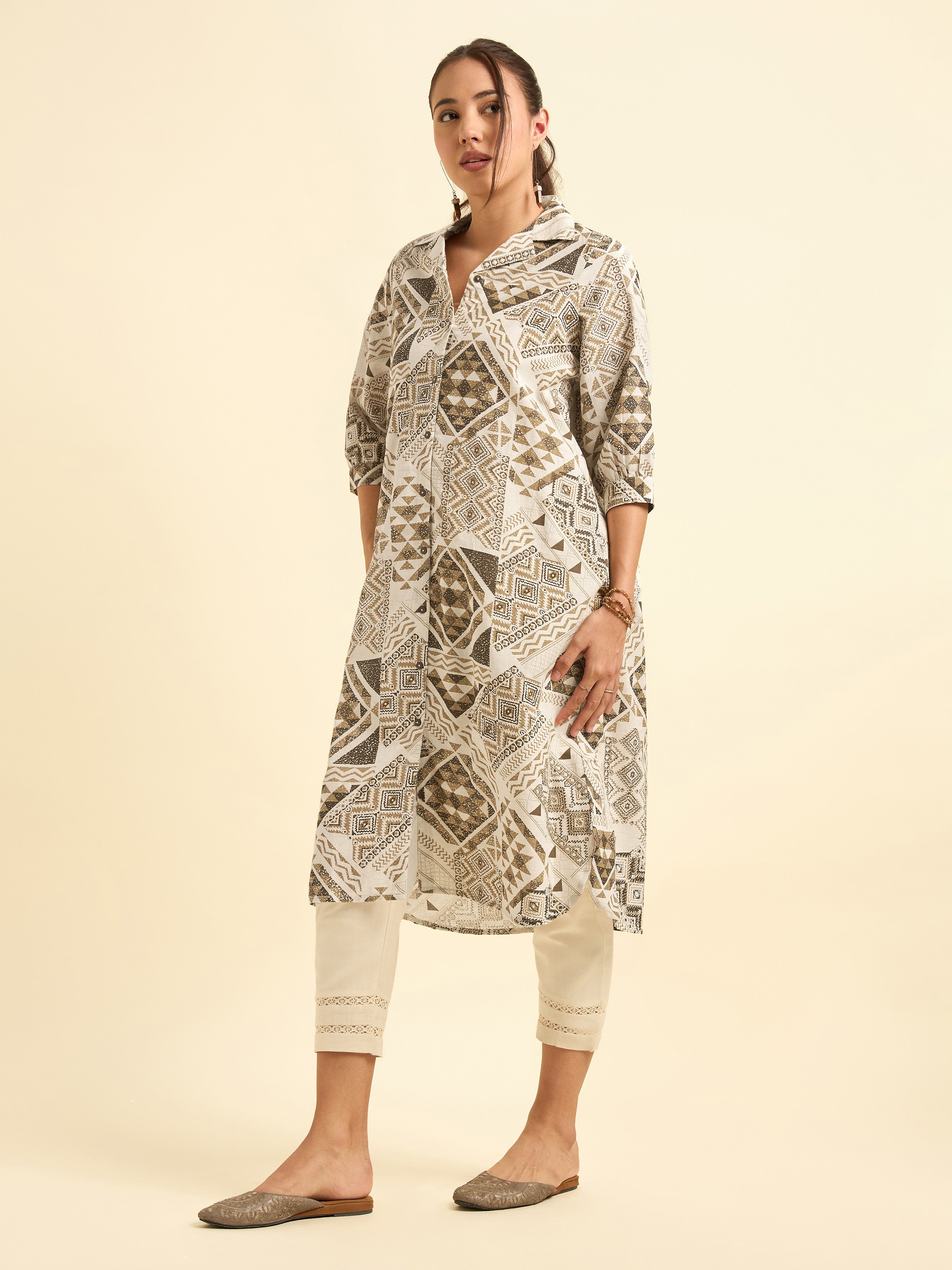 Ivory Multi Cotton Flax Printed Flared Kurti With Relaxed Fit