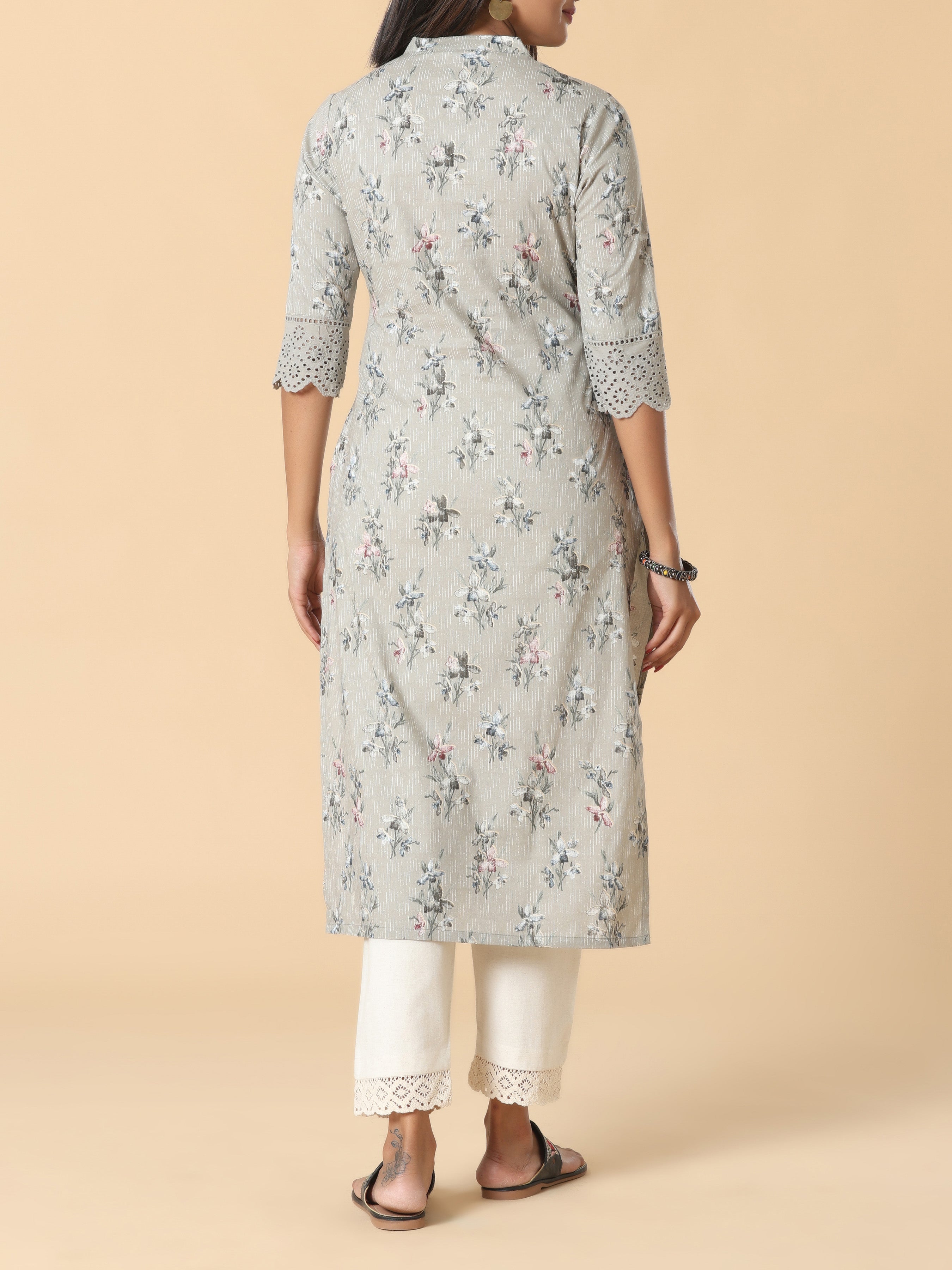Light Grey Pure Cotton Printed Kurti With Lace Detailing