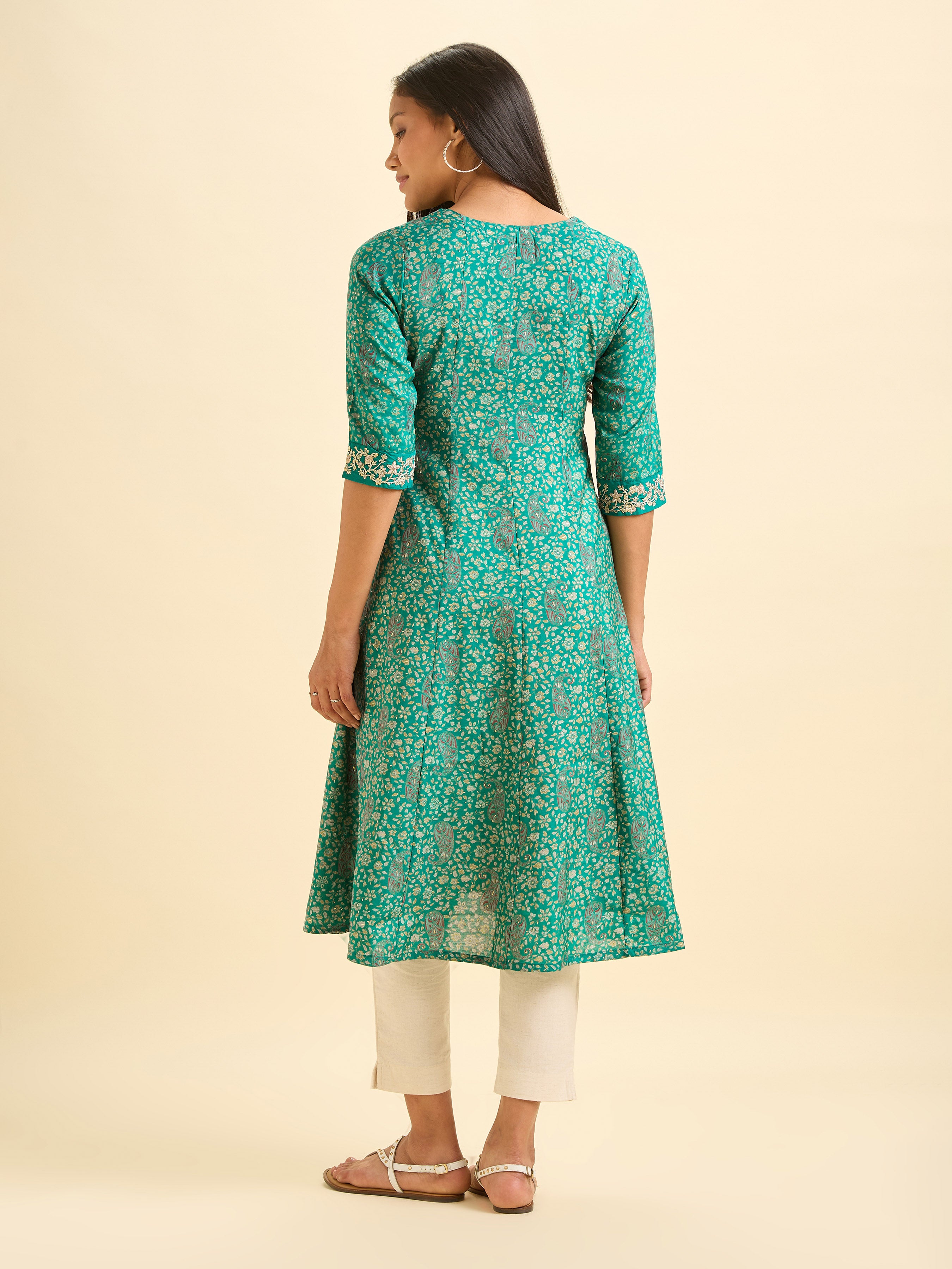 Rama Green Modal Chanderi Kali Cut Printed Kurti With Embroidery