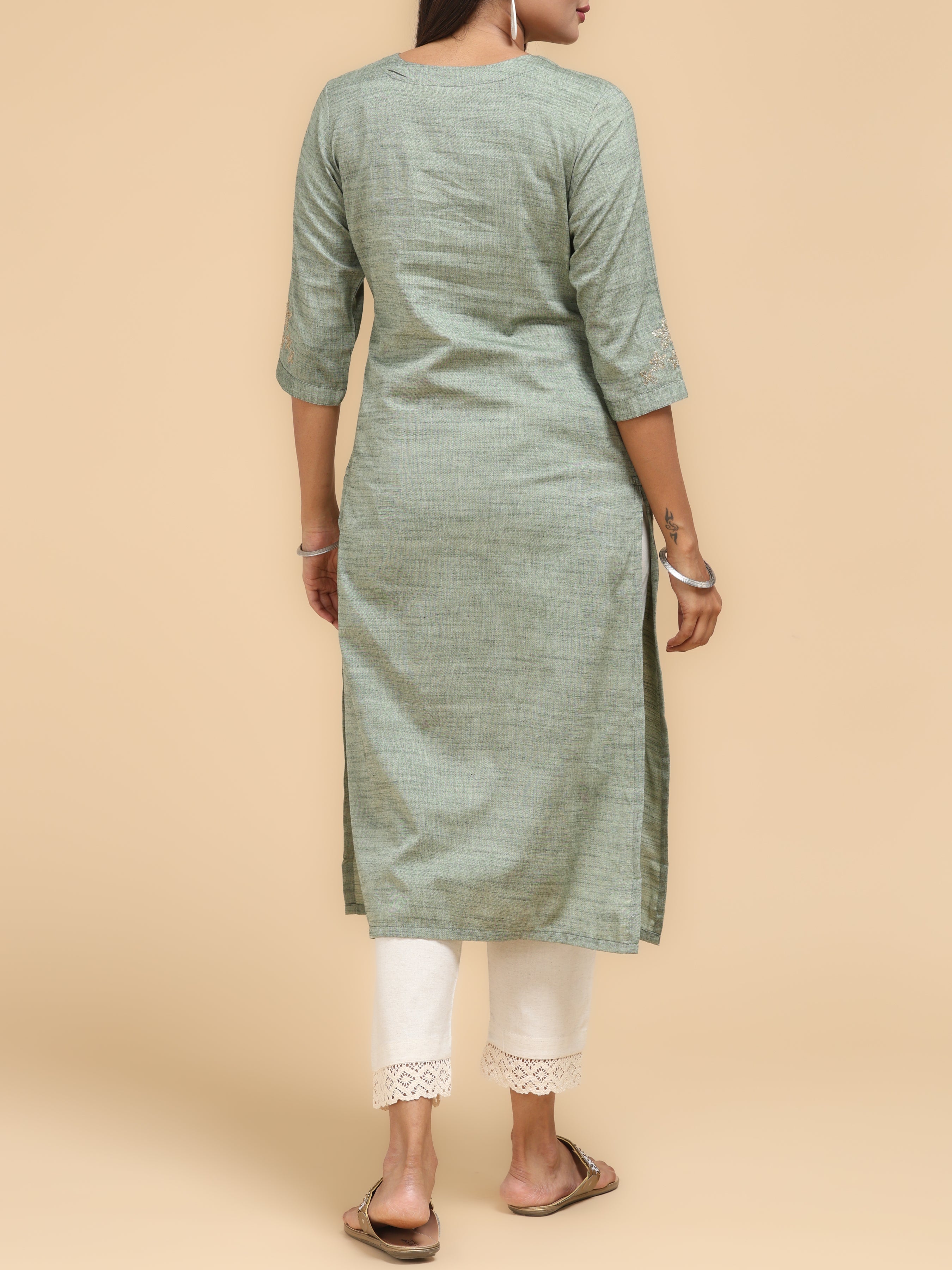 Pastel Green Wrinkled Viscose Kurti With Embroidery