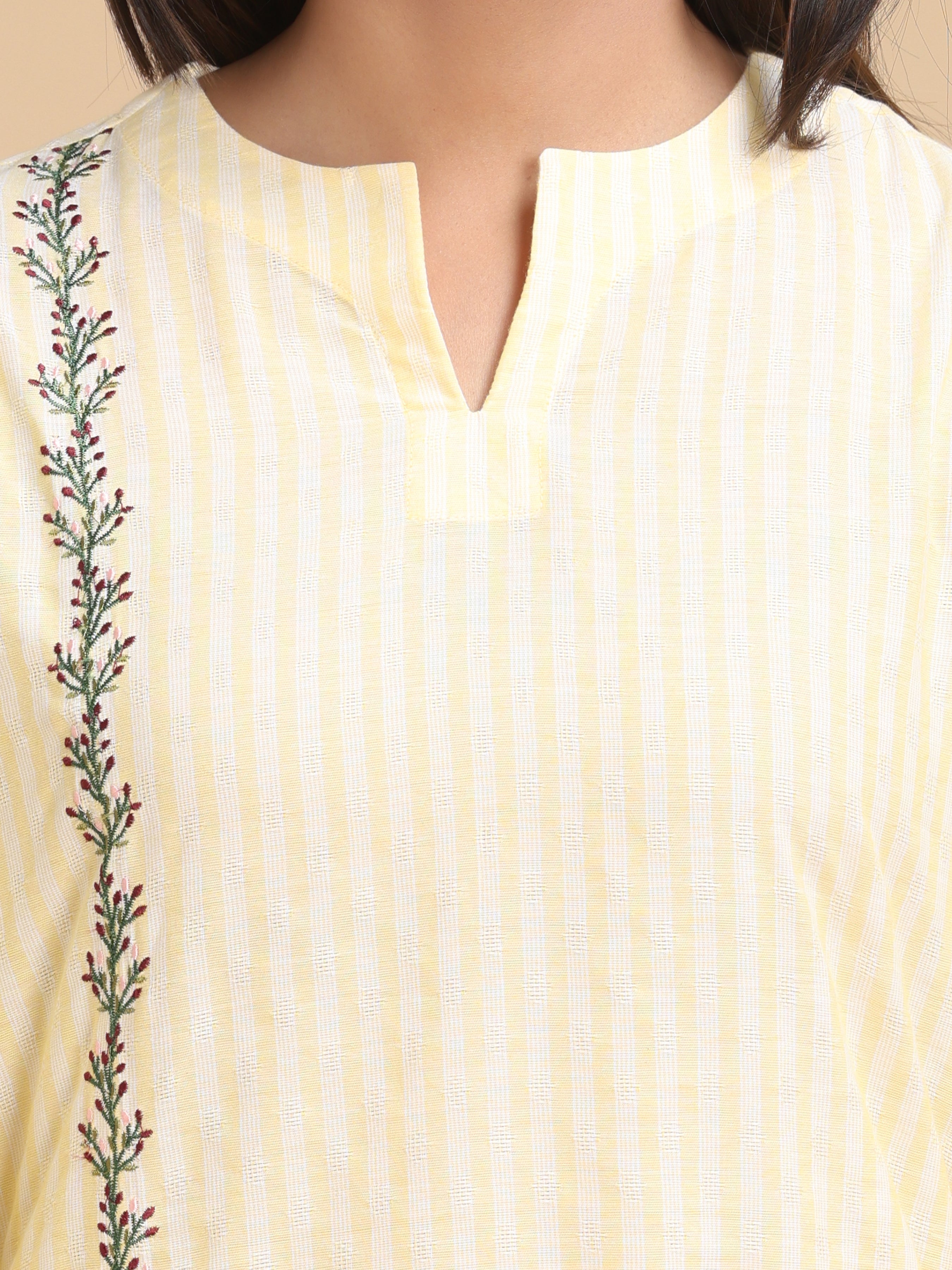 Pale Yellow Cotton Dobby Kurti With Embroidery