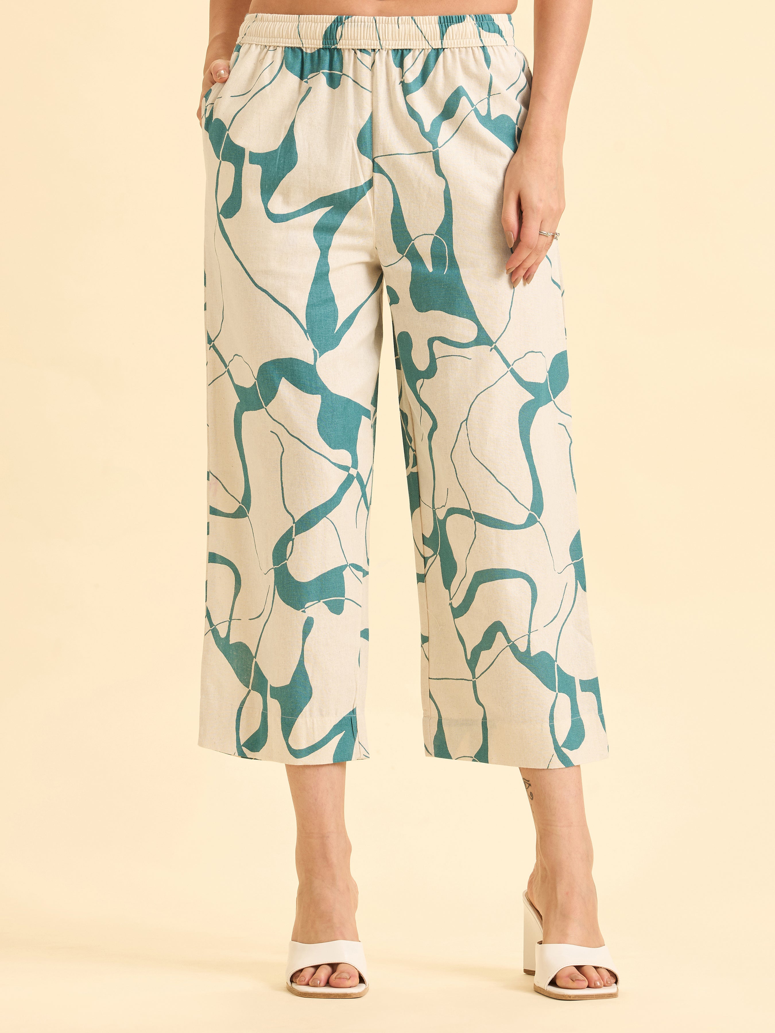 Ivory And Teal Cotton Flax Printed Flared Kurti With Curved Hem